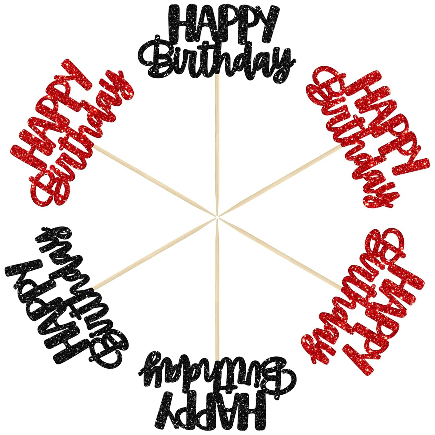 Gyufise 24Pcs Happy Birthday Cupcake Toppers Glitter Birthday Cupcake Food Picks for Celebrating Happy Halloween Theme Party Cake Decorations Supplies Black Red