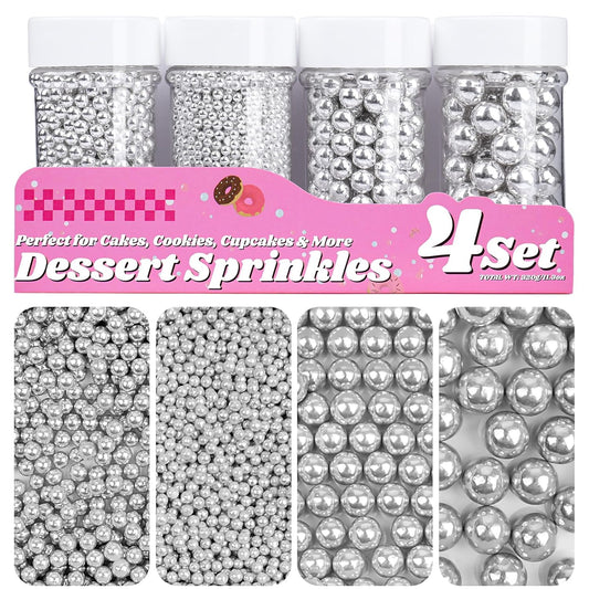 Silver Pearl Sprinkles for Cake Decorating, 11.3 Oz Edible Pearls Sugar 4 Sizes Gift Box Set for Baking Cookie Ice Cream Cupcake Toppings