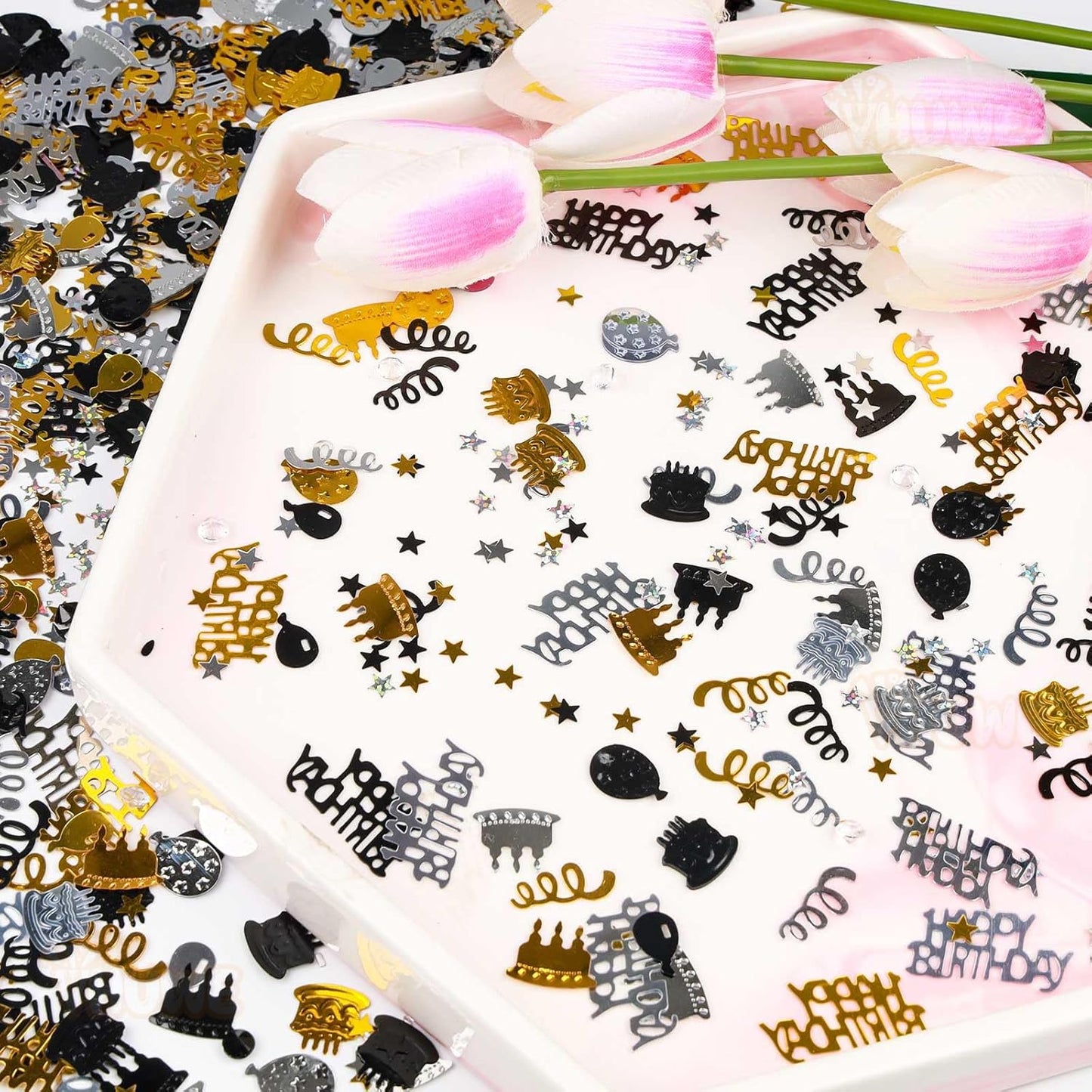 VHUWE Happy Birthday Confetti, 1.6 oz Black Gold Silver Cake Balloon Star Goblet Bottle Glitter Confetti for Happy Birthday Party Decorations Boys Girls Kids Women Men Birthday Table Decorations