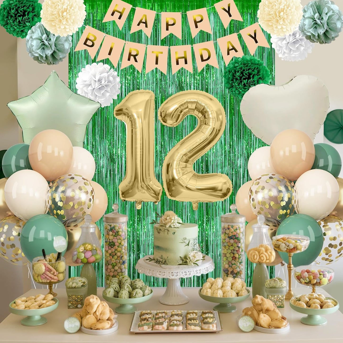 Sage Green 12th Birthday Decorations for Boys Girls Gold Number 12 Balloon Nude Gold Happy Birthday Banner Fringe Curtain Paper Pom Poms Olive Green Cream White Sand Star Foil Balloons Party Decor