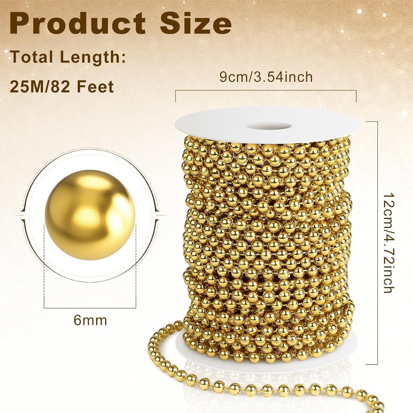 Pearl Beads Garland, 6 MM Gold Faux String of Pearls, Pearl Garland for Christmas Tree 82FT Pearl Beads Strand Spool Bead Roll for Crafts Floral Centerpieces Wedding Party Christmas Tree Decorations