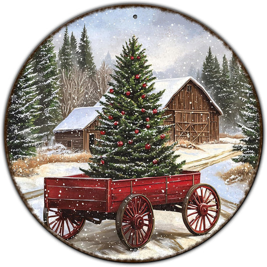 Round Barn Christmas Trees Metal Tin Sign Christmas Vintage Tin Sign Poster For Kitchen Cafe Bar Farmhouse Home Wall Decor Art Winter Decoration 8 * 8 in