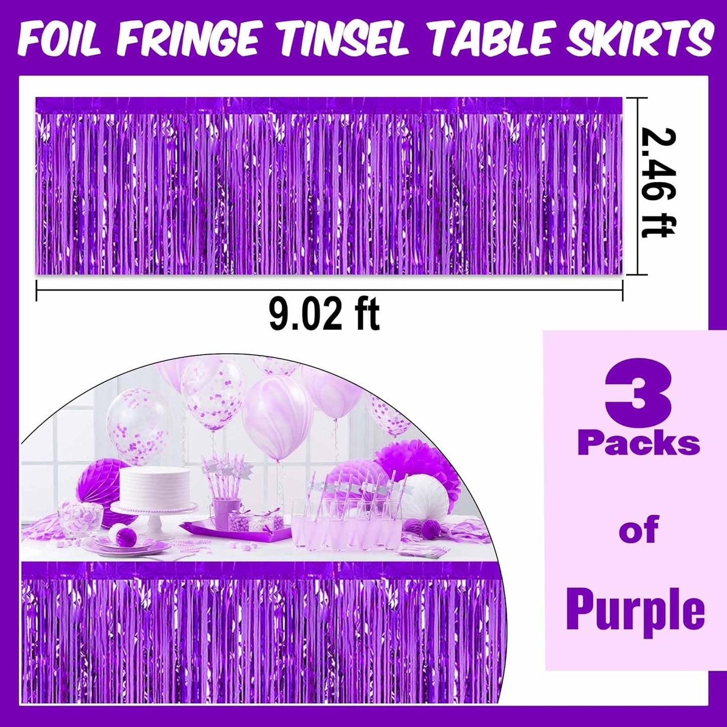 3 Pack 29 x108 Inch Purple Foil Fringe Table Skirts Metallic Banner for Tinsel Streamer Garland Backdrop for Parade Floats Mother's Day, Graduate, Birthday, Wedding Party Decoration