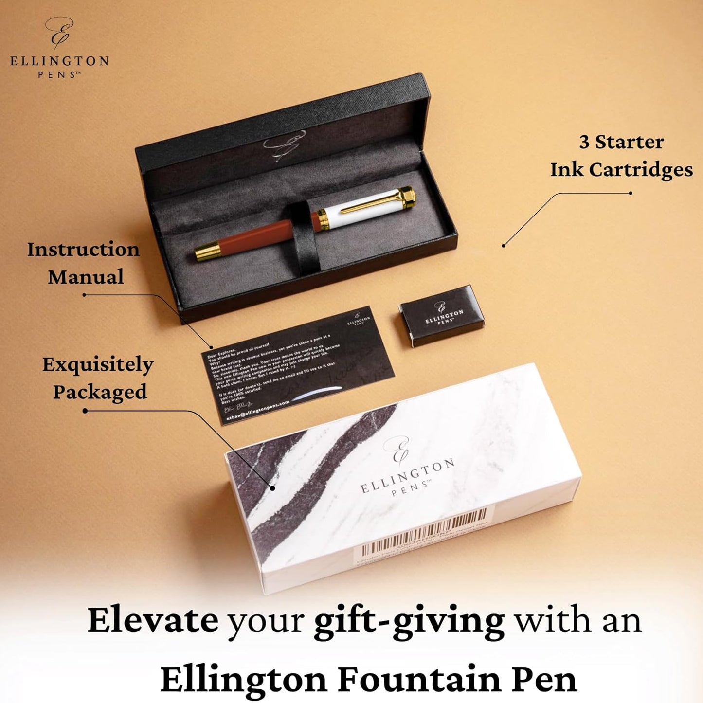 Ellington Pens Luxury Fountain Pen Set- Fountain Pens for Writing - Smooth Extra Fine Nib - Includes Refillable Ink Converter, 3 Ink Cartridges [Black & Blue], Gift Box - Elegant Calligraphy