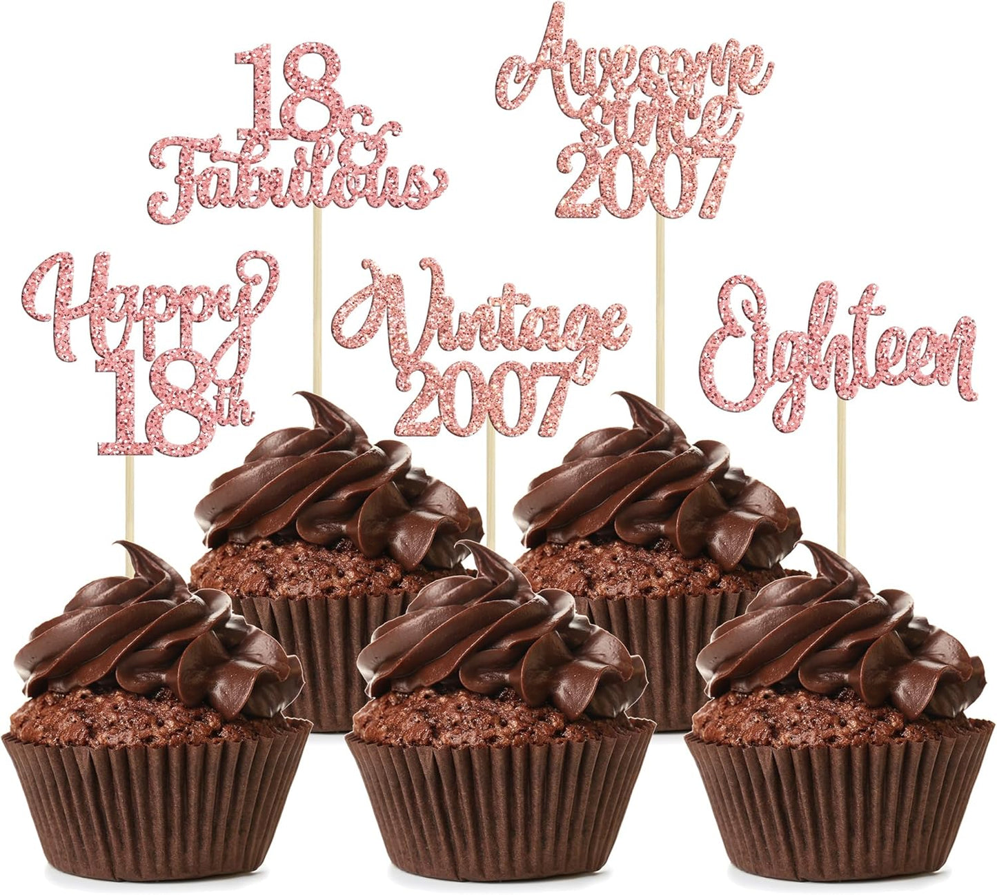 30Pcs Vintage 2007 Cupcake Toppers Glitter Eighteen 18 Fabulous Happy 18th Birthday Cupcake Picks Cheers to 18 Years for 18th Birthday Anniversary Party Cake Decorations Supplies Rose Gold