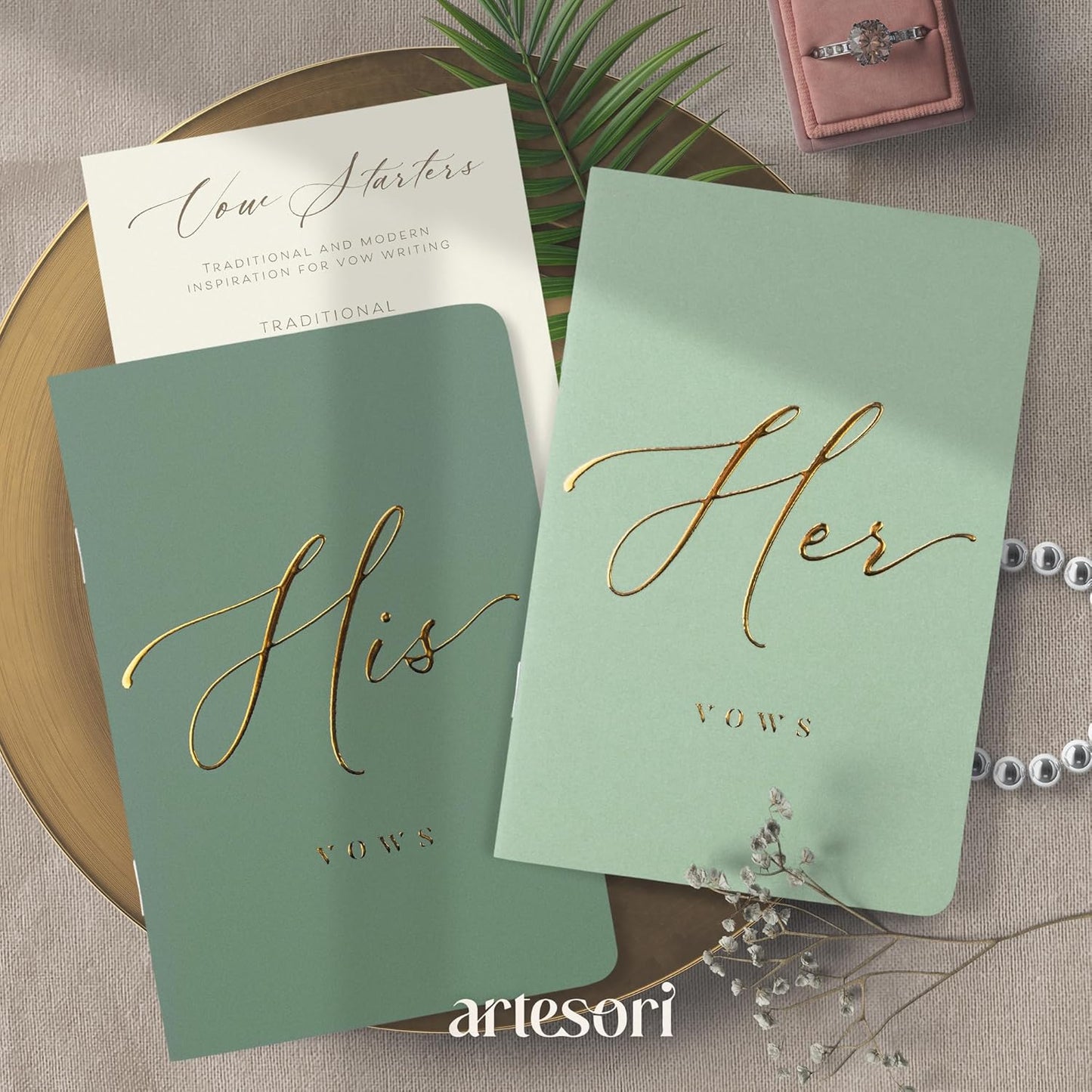 ARTESORI Premium Wedding Vow Book for Her & Him, Soft Touch, Gold Foil, 28 Lined Pages, Vow Books His and Hers, Wedding Essentials, Wedding Registry Ideas, His and Hers Gifts [Mint & Sage]