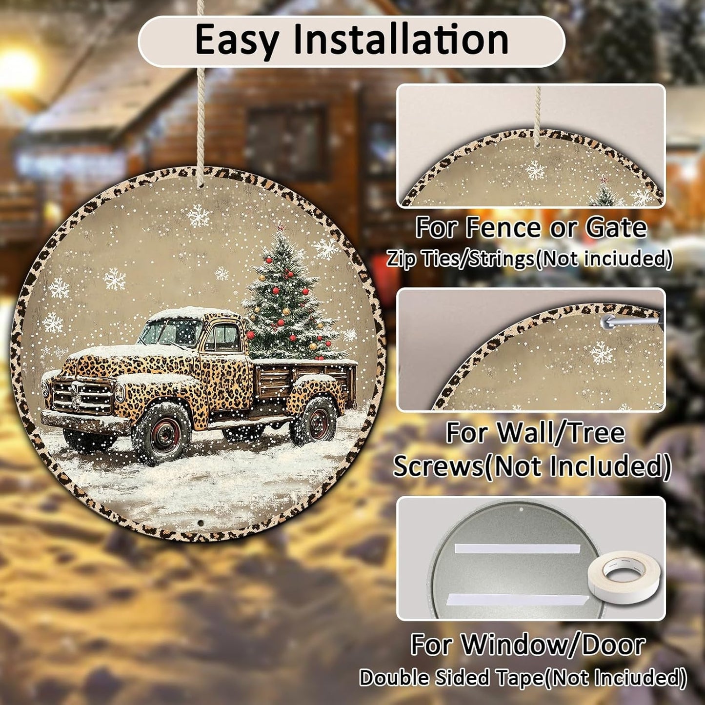 Round Leopard Truck Metal Tin Sign Rustic Wall Decor Christmas Wreath Sign Christmas Wreath Door Hanging Wall Decoration Bar Home Round 8 * 8 in