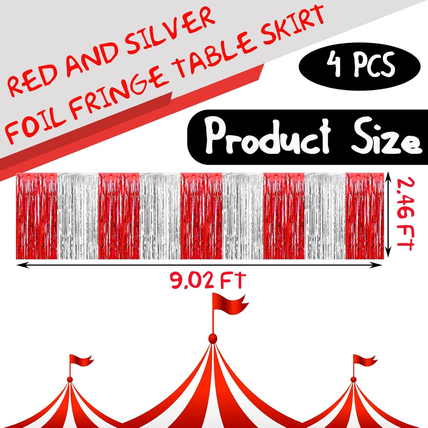 4 Pack 29x108 Inch Metallic Foil Fringe Tinsel Table Skirts for Rectangle Tables Streamer Backdrop for Wedding, Birthday, Parade Floats, Christmas, Halloween Party Decoration(Red Silver)