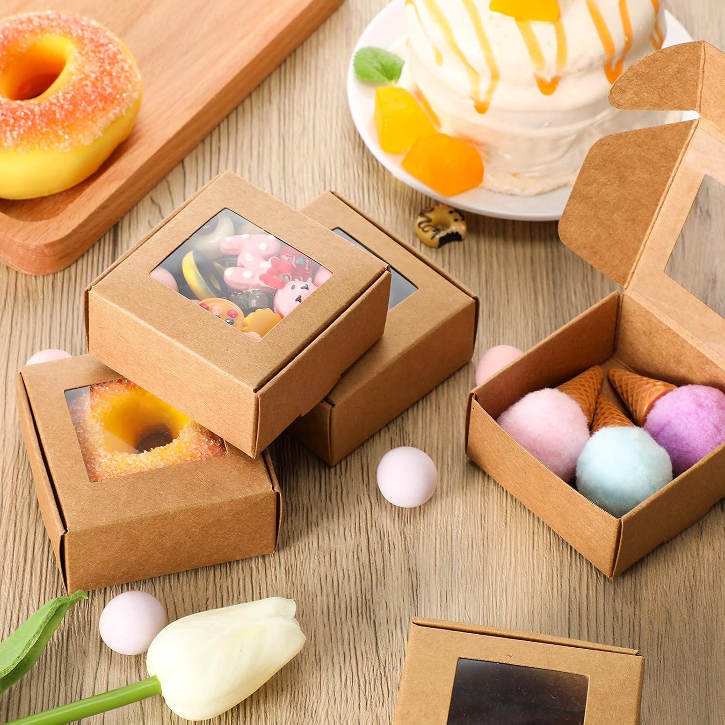Zonon 30 Pcs Soap Boxes for Homemade Packaging, Mini Kraft Treat Boxes with Window for Bakery Candy Soap Making Gift Packaging(2.56 x 2.56 x 1.18 Inch,Brown)