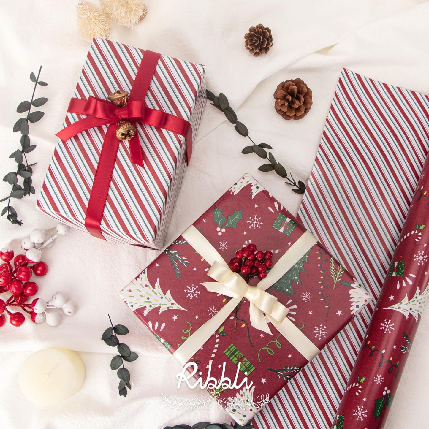 Ribbli Christmas Wrapping Paper Reversible Christmas Tree and Red Green Stripe Gift Wrapping Paper-17 Inch x 33 Feet