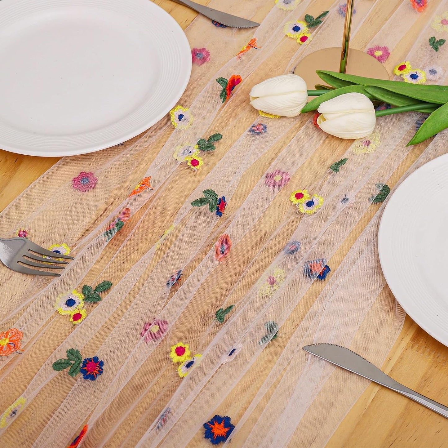 BINBE 6pcs Ivory Daisy Fall Table Runner Embroidery Gauze 10FT Florals Seasonal Tulle Holiday Birthday Kitchen Dining Table Decor for Home Party