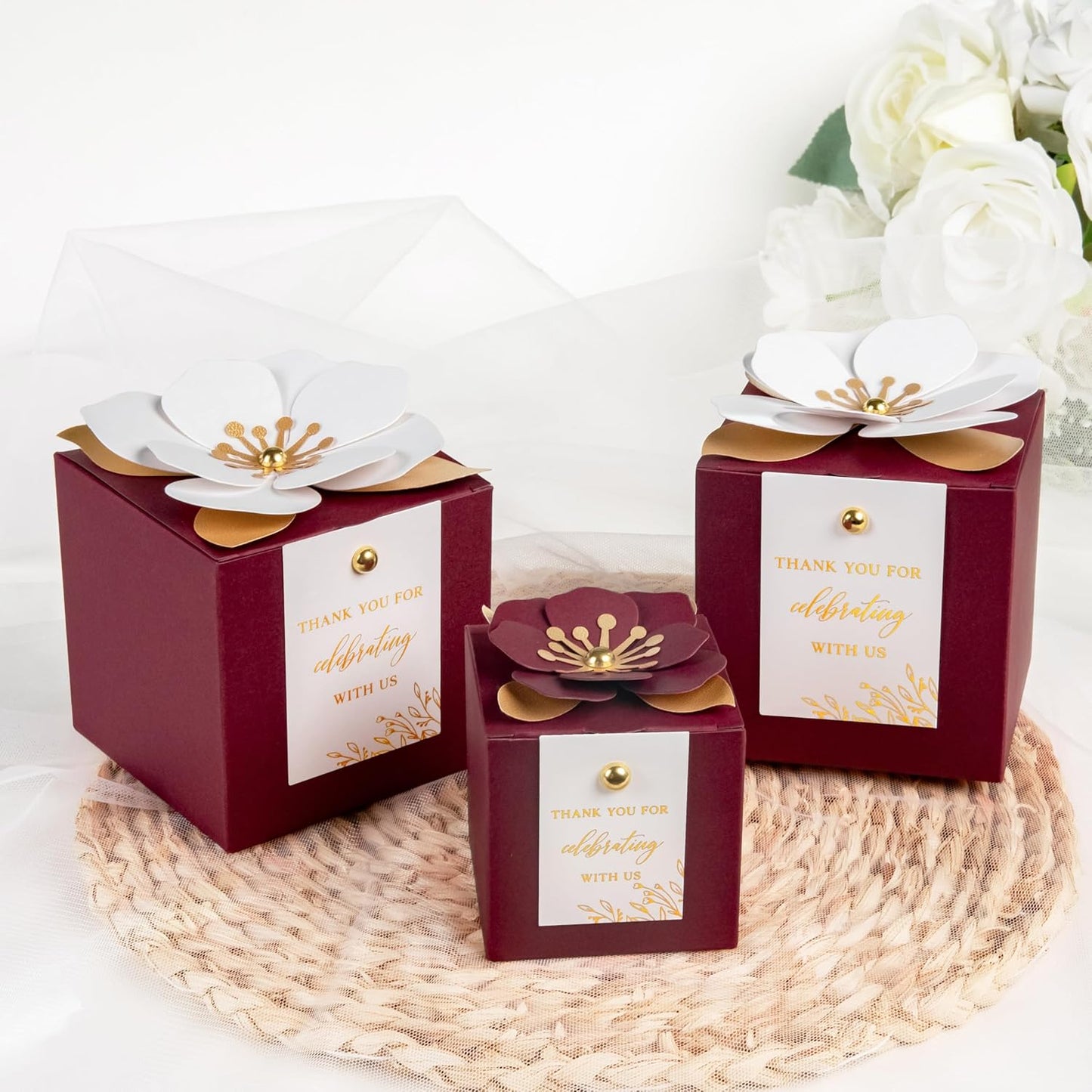 FEIYI 20 PCS Favor Boxes, 3 In 1Burgundy Candy Boxes with Floral Decor, White Thank You Tags Gold Foil Print Gift wrapping for Wedding, Baby Shower, Birthday, Decorations Party - 2.55x2.55x2.55