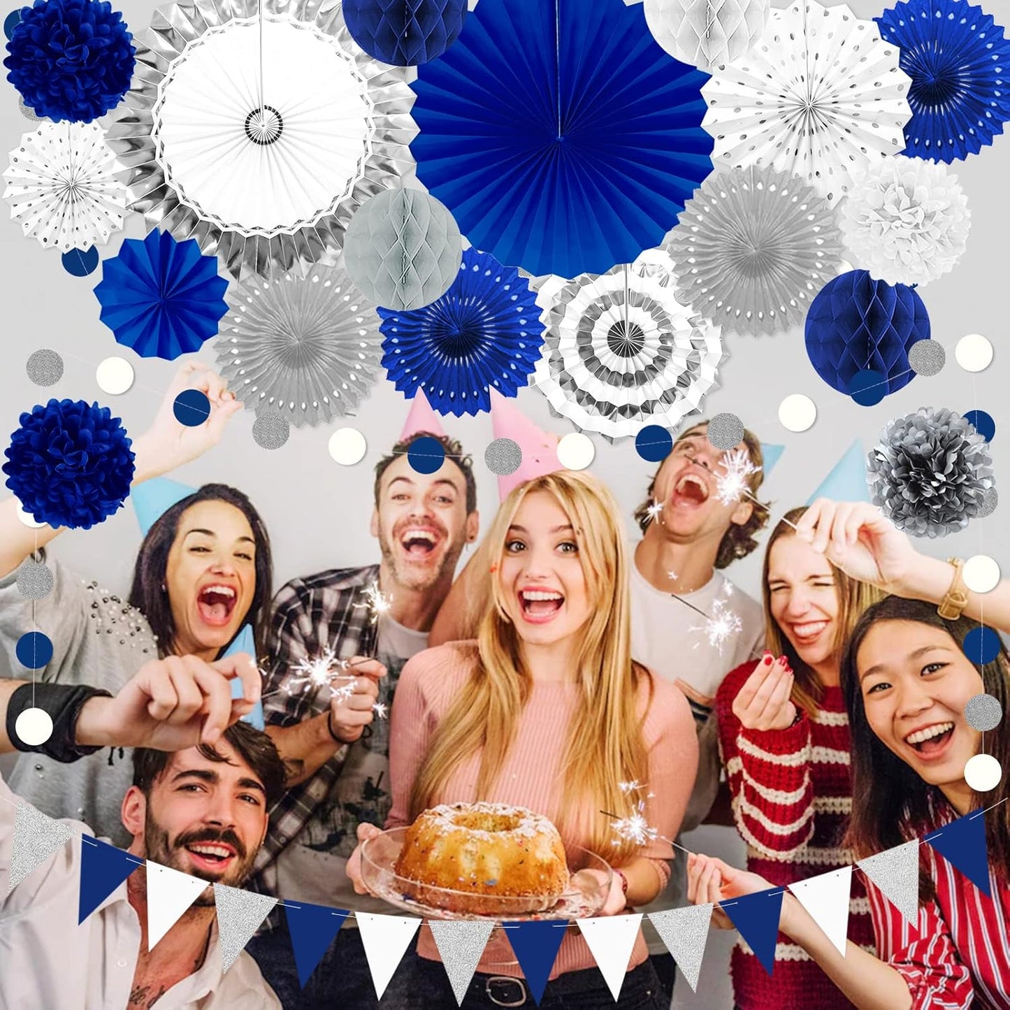 Blue and Sliver Party Decorations, 23Pcs Blue Birthday Decorations with Hanging Paper Fans, Pom Poms Flowers Packs for Graduation Party,Boy Birthday, Baby Shower