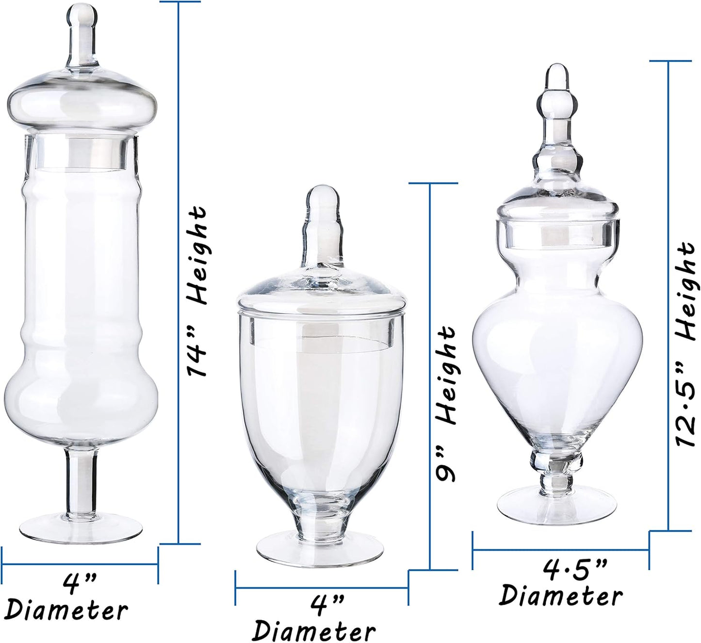 Set of 3 Apothecary Jar with lids, Glass Candy Container Set, Decorative Jars for Weddings & Party, Elegant Storage Candy Canister, Iridescent (H: 9", 12.5", 14"; 20 FL.OZ, 23 FL.OZ and 28 FL.OZ)