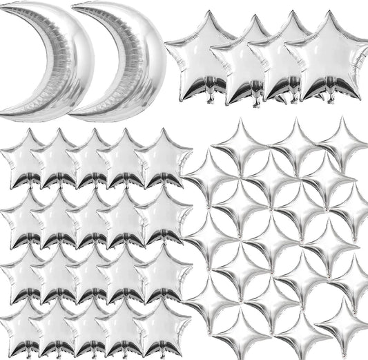 50pcs Silver Moon and Star Balloons,36"Moon Foil Balloons 18"10" Star Foil Balloons Four Pointed Star Balloon Mylar Balloon for Baby Shower Christmas Wedding Birthday Party