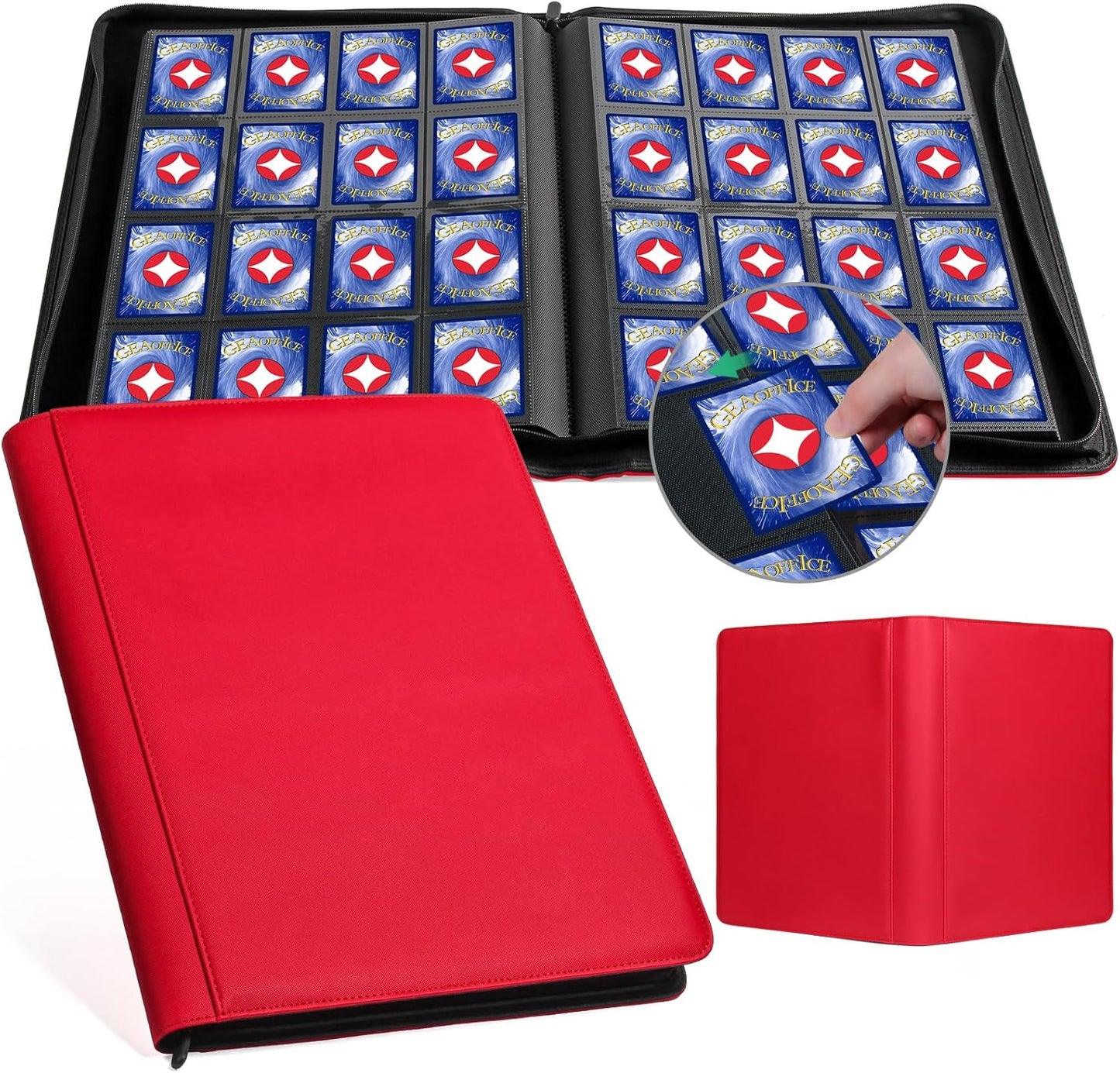 GEAoffice 16 Pockets Trading Card Binder for 1000+ Cards, Sturdy Large Side Loading Zipper Collection Binder for MTG, TCG, Game & Sport Cards, Red