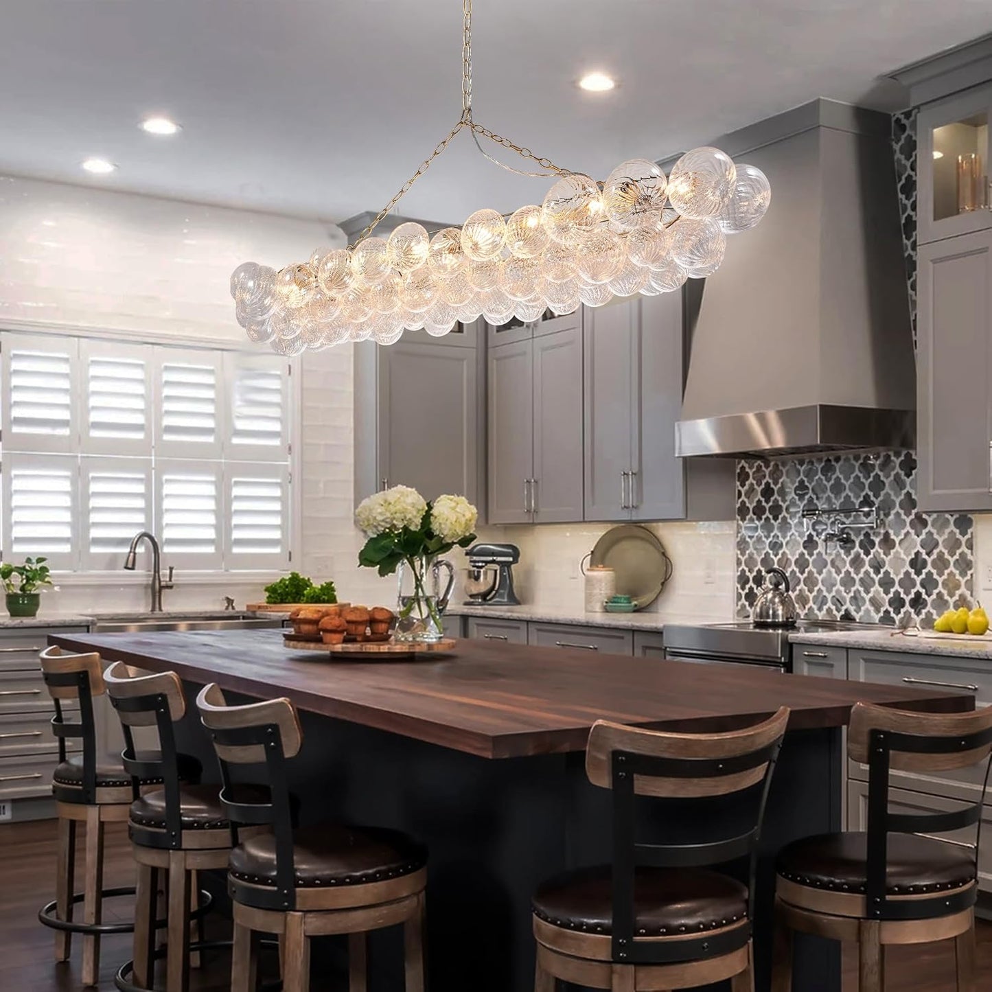 Nordic Bubble Ball Swirled Glass Chandelier, 62 inch Long Rectangular Chandeliers Island Light Fixture for Dining Table Living Room