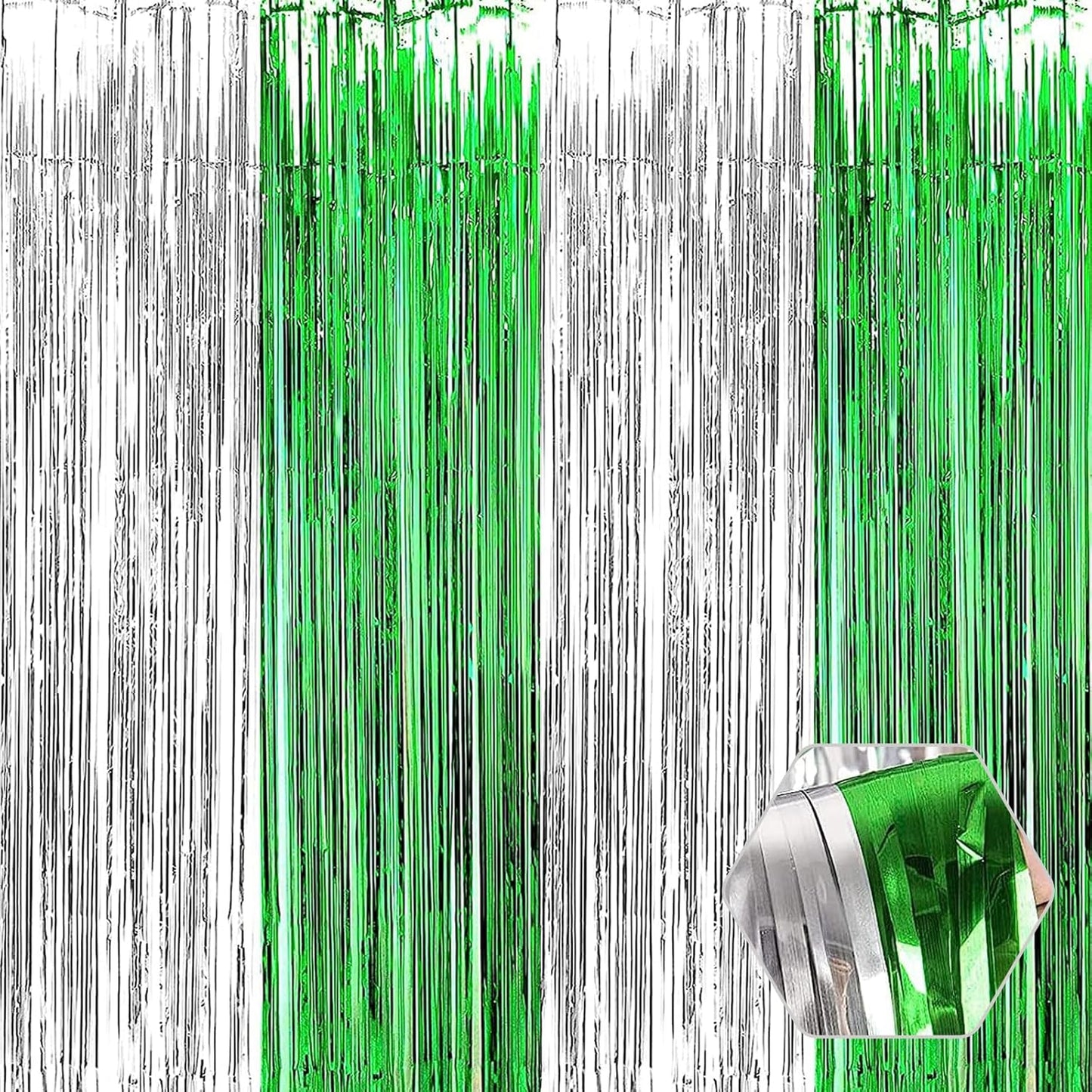 3 Pack Silver Green Foil Fringe Curtain Backdrop, 3.28Ft x 8.2Ft Metallic Tinsel Foil Fringe Streamer Curtains for Photo Booth, Mother's Day, Easter, Birthday, Wedding Party Decorations