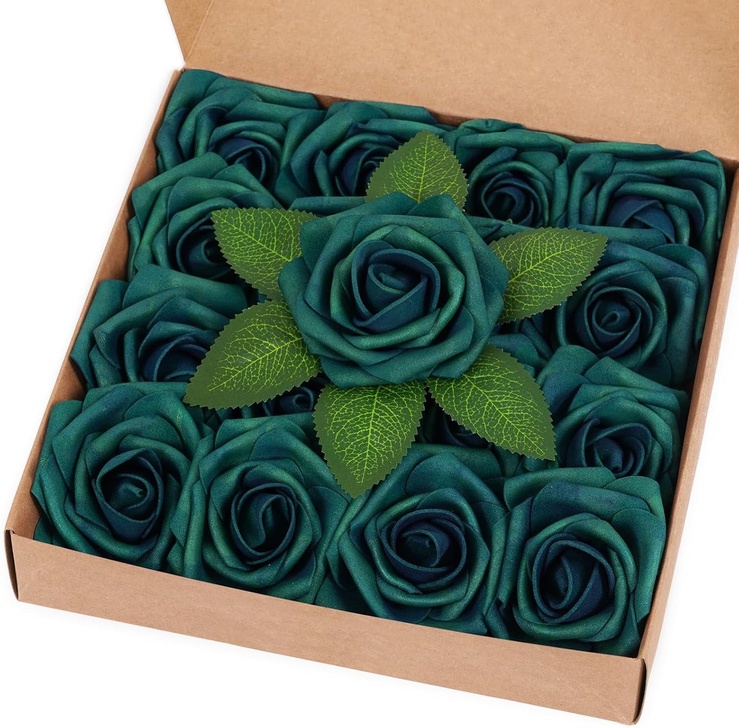 BLEUM CADE 16Pcs Artificial Flowers Fake Roses with Stems, Army Green Boxed Foam Roses for DIY Bouquets Centerpieces Wedding Party Arrangement Bridal Shower Decor