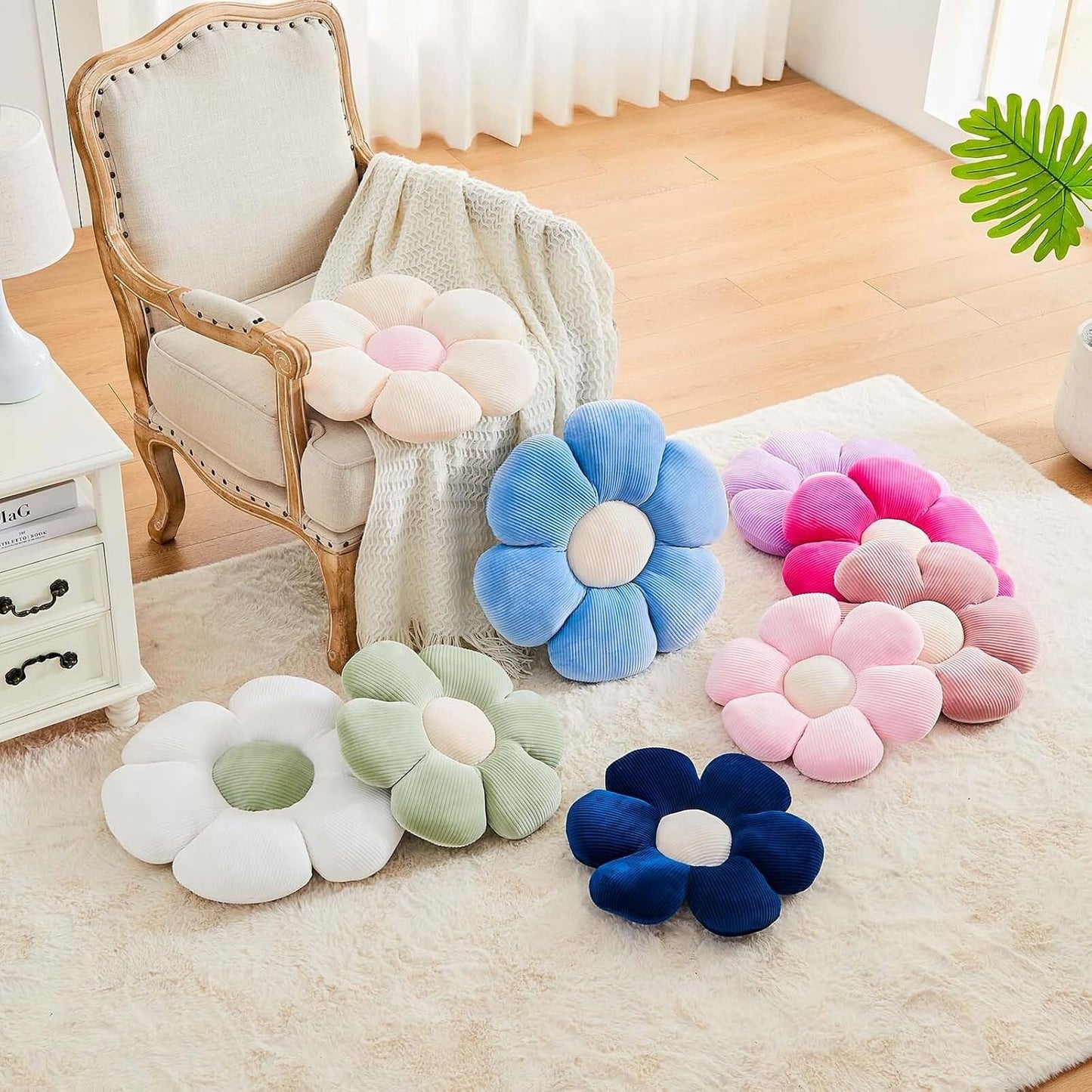 Dusty Blue Flower Pillow, 17.7" Cute Flower Shaped Floor Pillow, Aesthetic Floral Plush Daisy Decorative Throw Pillows for Bed Sofa Couch