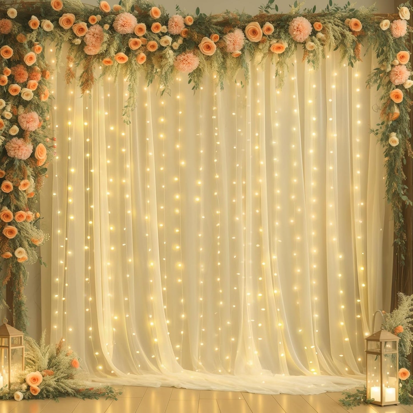20x8ft Champagne Tulle Backdrop Curtains with Lights for Party Wedding Baby Shower, Sheer Drape Backdrop Curtains for Birthday Party Photo Booth Background Decoration