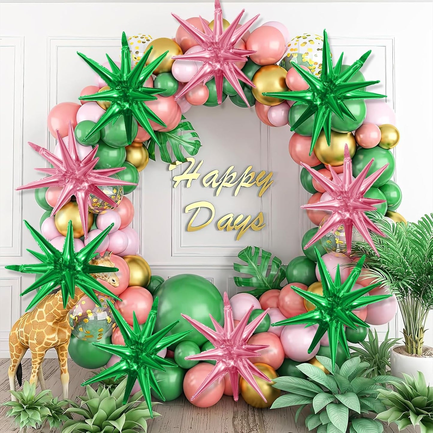 Pink Green Star Balloons,9Pcs 22Inch Pink Green Explosion Spike Cone Helium Polyester Film Star Foil Balloons for Witch Birthday Anniversary Disco Party Decorations