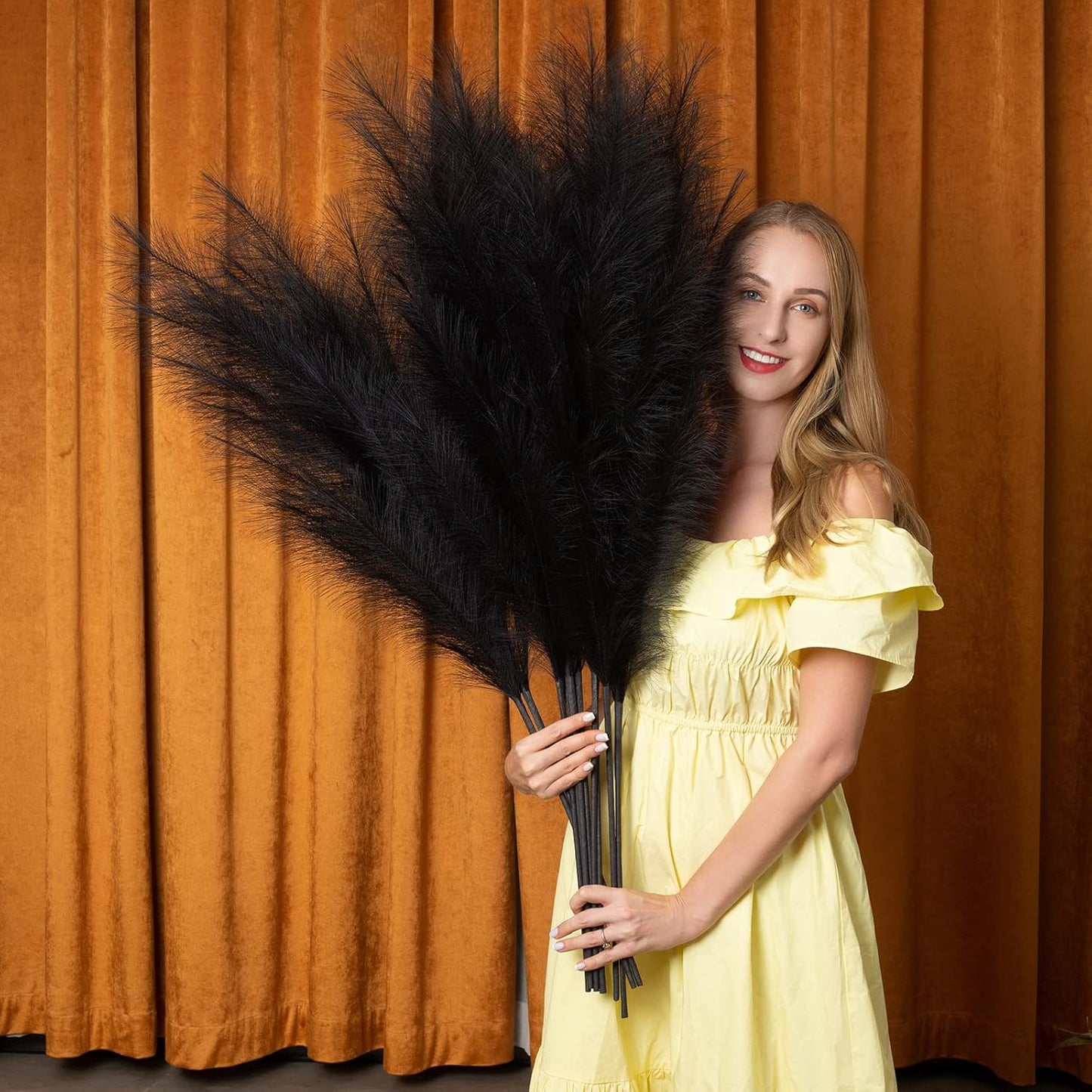 Faux Pampas Grass 6 Stems, Artificial Pampas Grass - 43 inch Total Extra Large Pompass Grass Tall Pompous Boho Flower Arrangement and Floor Vase Filler Home Decor for Room Wedding Party (Black)