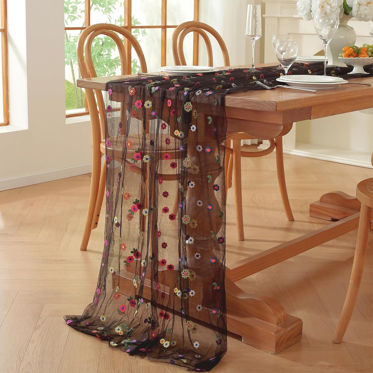 Black Embroidery Daisy Fall Table Runner 120Inch 10FT Florals Soft Sheer Tulle Fabric Table Runner for Home Decor, Brithday, Wedding, Baby Shower ,Holiday ,Parties, DIY Craft,1PC