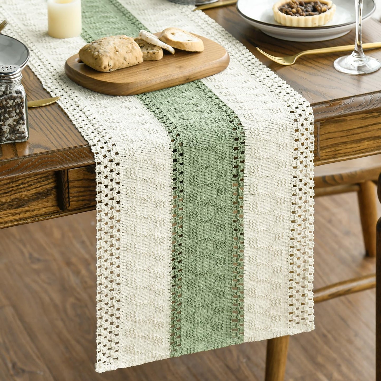 Artoid Mode Light Green Farmhouse Rustic Table Runner, Seasonal Holiday Hollow Kitchen Dining Table Decoration for Home Party Decor 12x36 Inch