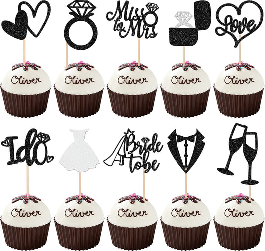 30 PCS Bride to Be Cupcake Toppers Glitter Miss to Mrs I Do Love Heart Ring Cupcake Picks Wedding Bridal Shower Cake Decorations for Wedding Engagement Bachelorette Party Supplies Black