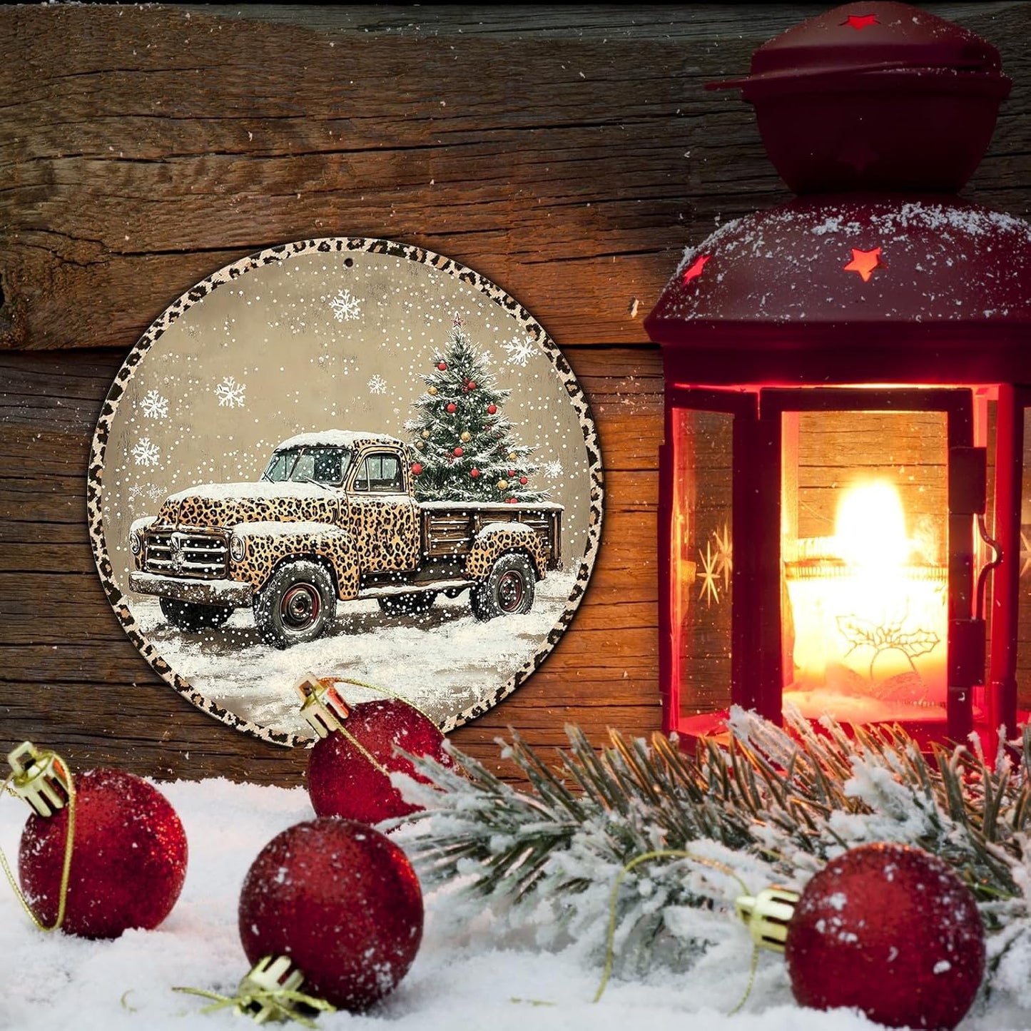 Round Leopard Truck Metal Tin Sign Rustic Wall Decor Christmas Wreath Sign Christmas Wreath Door Hanging Wall Decoration Bar Home Round 8 * 8 in