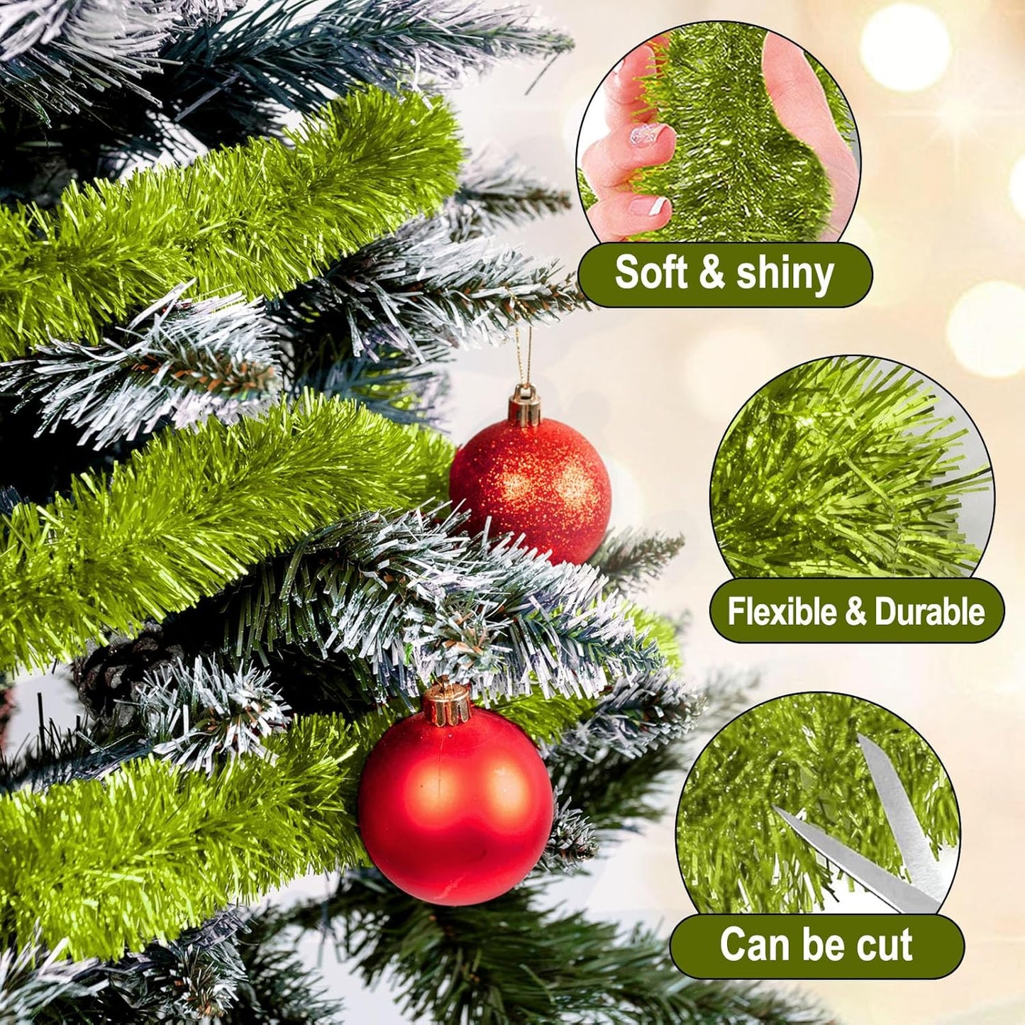 50 Feet Light Green Christmas Tinsel Garland, Metallic Foil Twist Garland Wall Hanging Tinsel Banner Backdrop for Parade Floats, Easter, Mother's Day, Wedding Party Decorations (2in x 50ft)