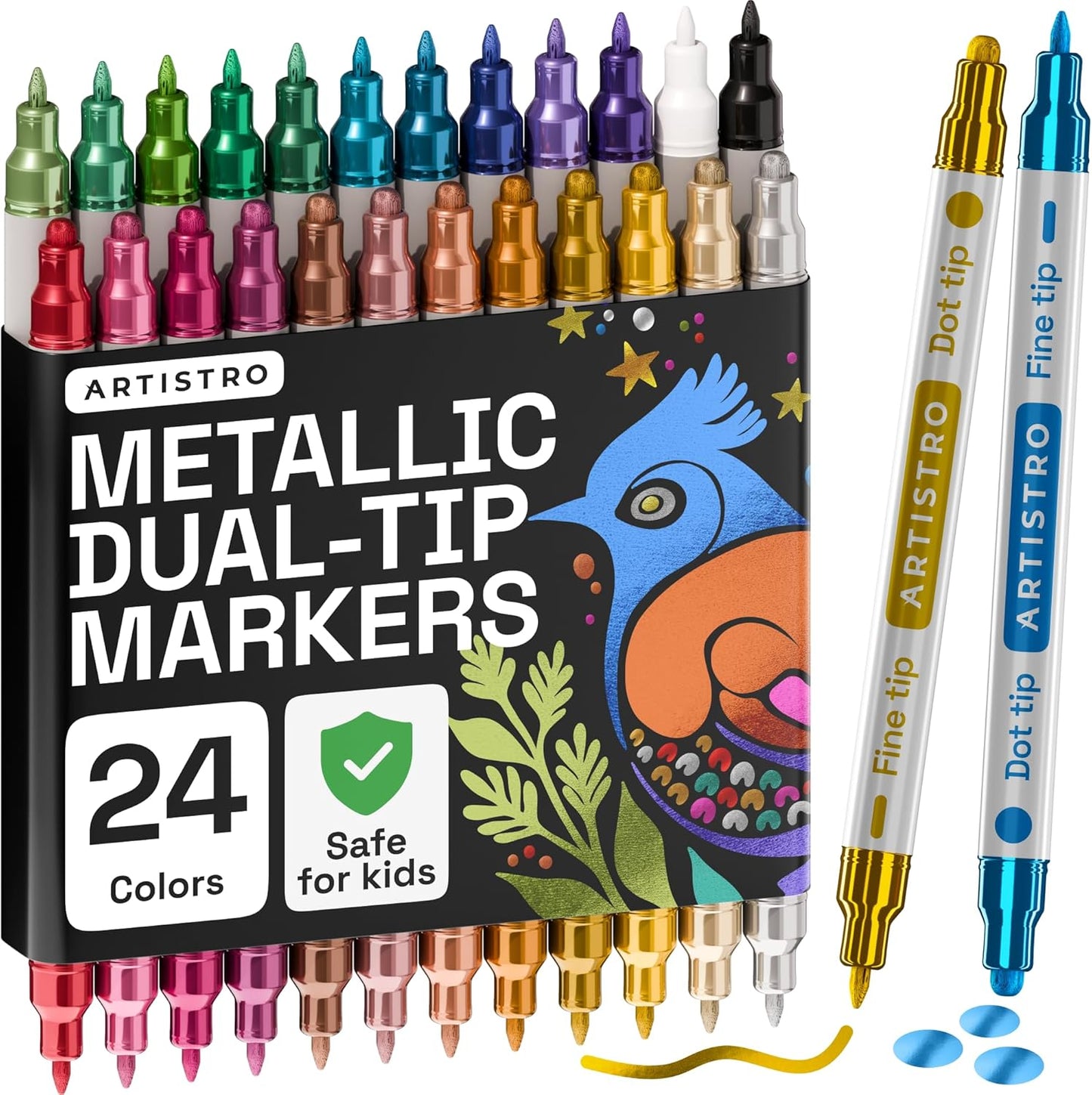 ARTISTRO 24 Metallic Dual-Tip Acrylic Paint Markers for Rock, Canvas, Glass, Wood, & More Fine + Dot Tips