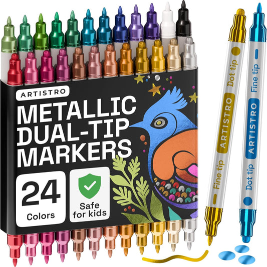 ARTISTRO 24 Metallic Dual-Tip Acrylic Paint Markers for Rock, Canvas, Glass, Wood, & More Fine + Dot Tips
