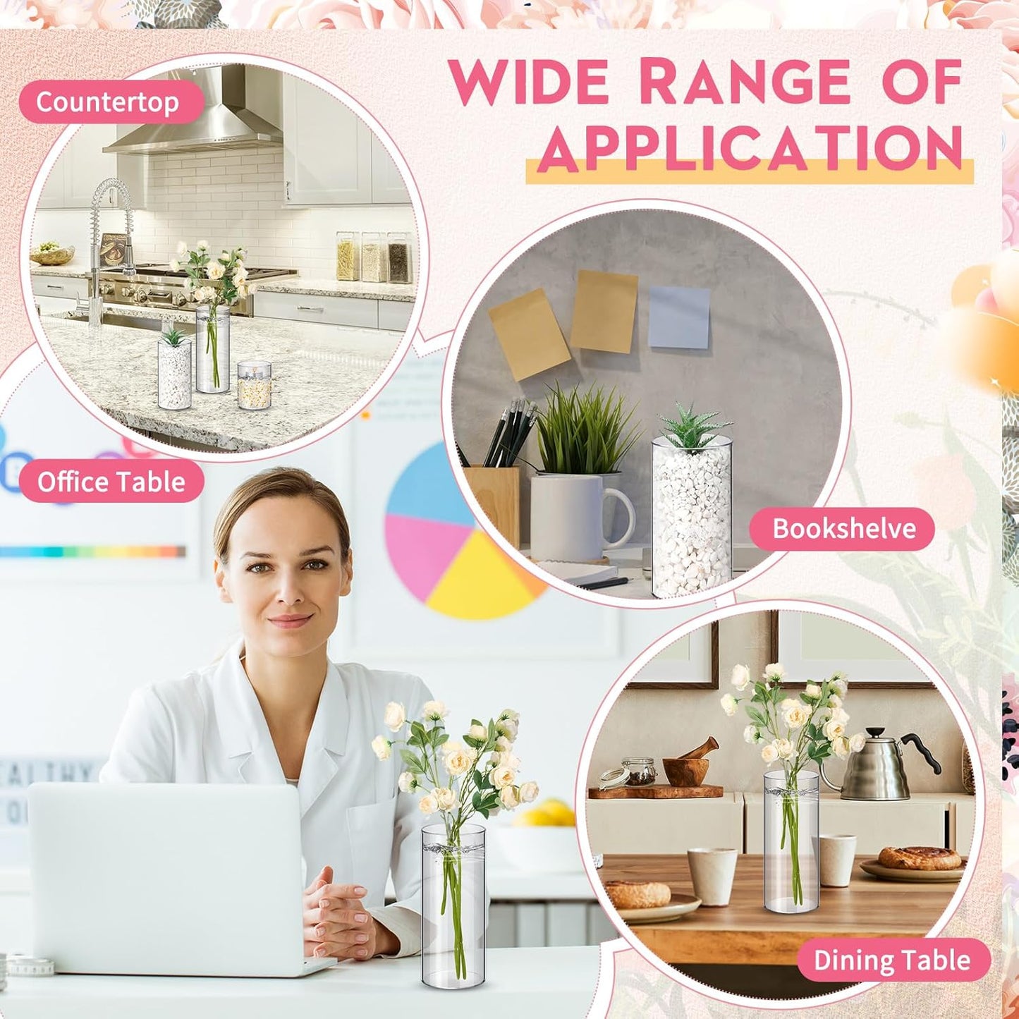 Nuogo 48 Pcs Plastic Cylinder Vases Tall Clear Flower Vases for Centerpieces Hurricane Candle Holder for Home Wedding Office Party Formal Dinners Decorations (4''/6''/8'')