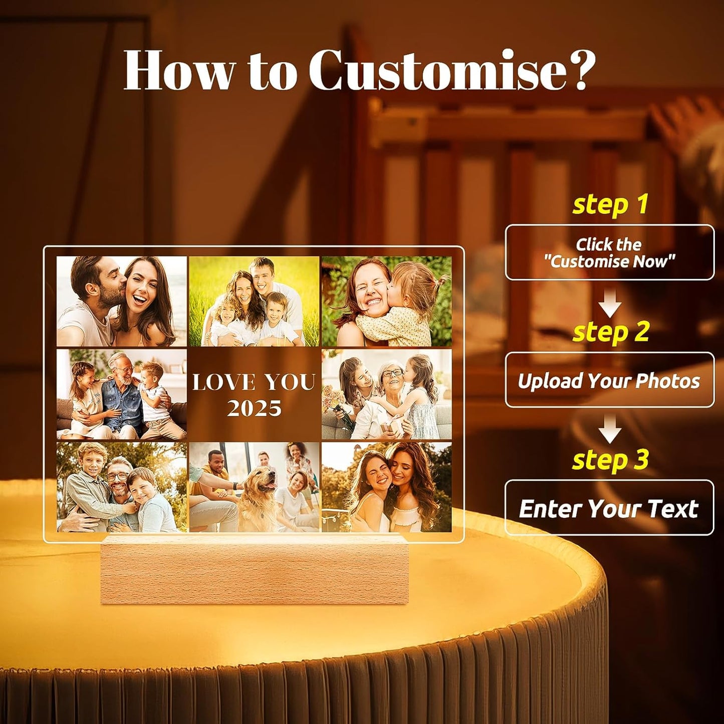 Custom Picture Frames with Photos, Personalized Photo Frame with Night Light, Customized Picture Frame, Personalized Birthday Photo Gifts for Women Men Mom Dad Grandma Grandpa Baby Kid Family Friends