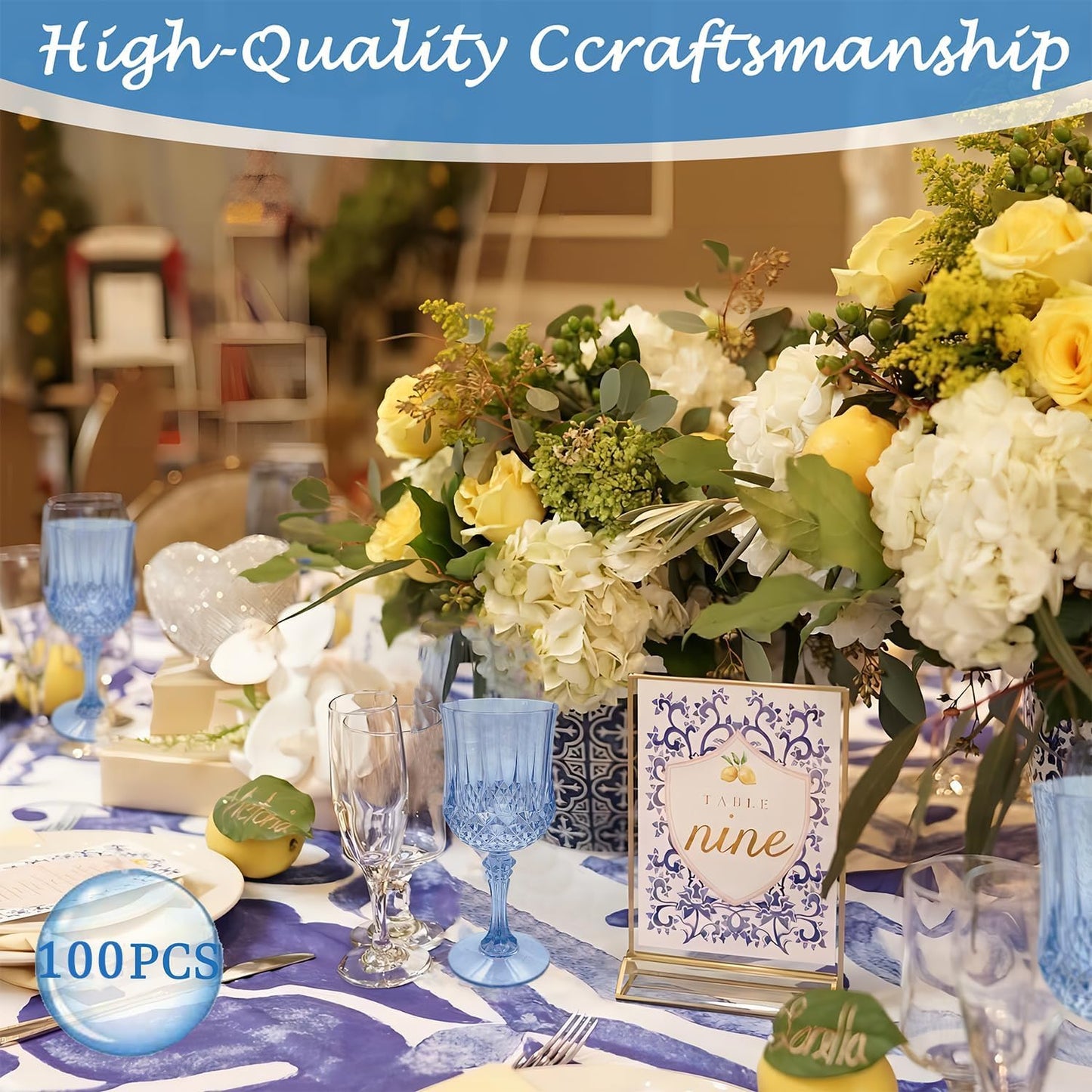 Plastic Wine Glasses，Plastic Goblets Vintage Style Cordial Drinking Glasses for Wedding Reception, Grand Event Party Supplies (100, Blue)