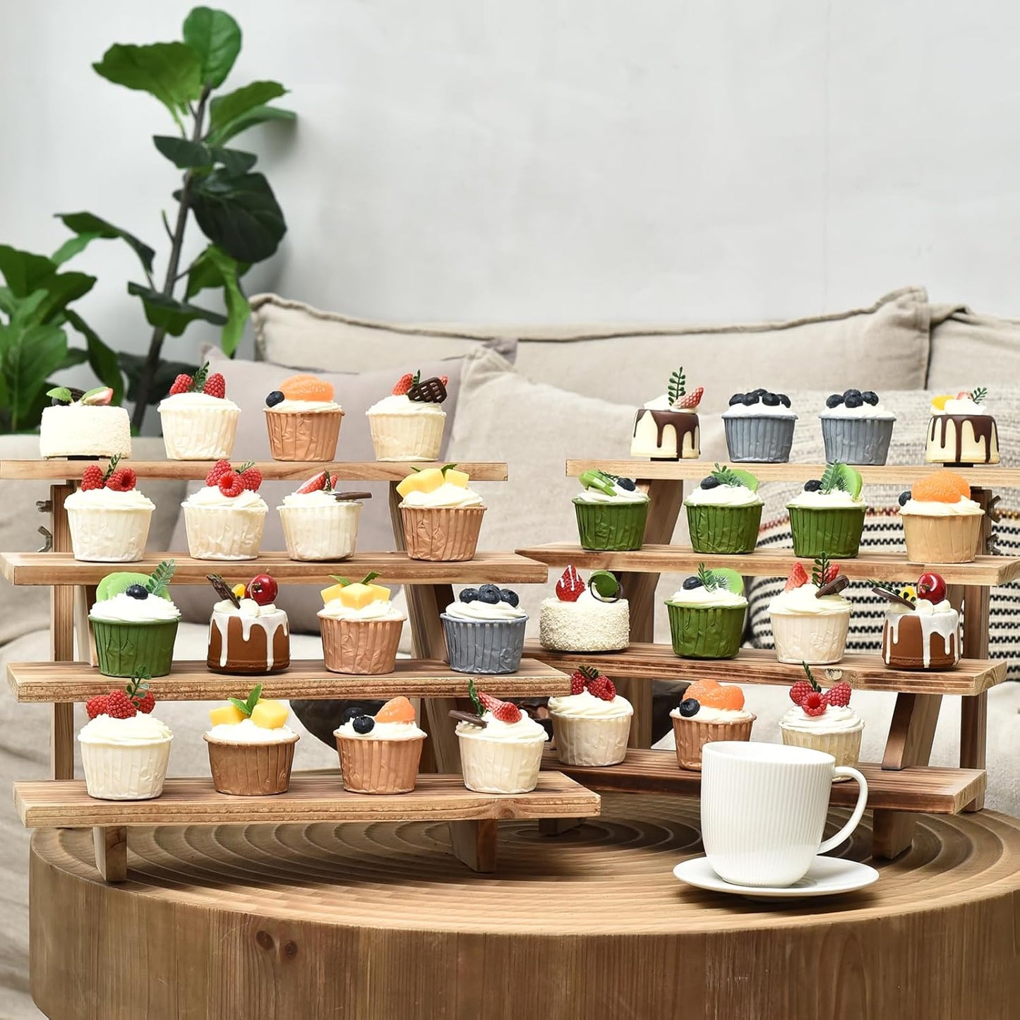 Swallowliving 2pcs Wooden Rustic Cupcake Stand for 24 Cupcakes, Stepped Wood Display Stand for Weddings, Tiered Party Table Display Riser for Food, Dessert, Cookie, Decor, Craft Show, Burnt