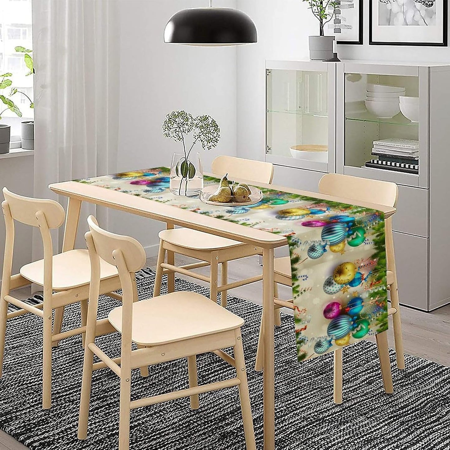 Christmas Table Runner,Colorful Balls Xmas Tree Snowflake Pattern Print Tablecloth Burlap for Hotel Indoors Outdoor Dining Room Kitchen Home Decor,W13X L60 in