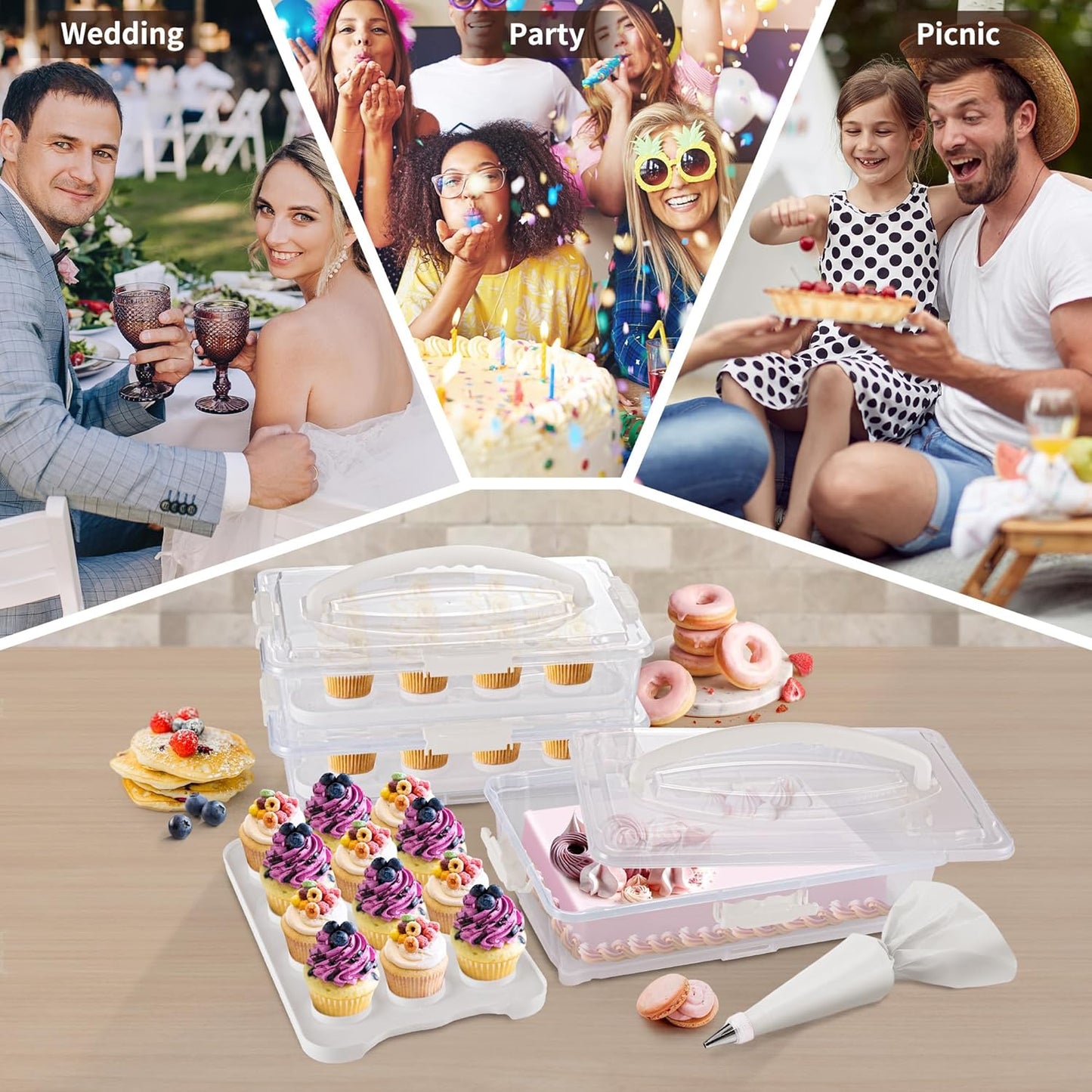 ARC 3-Tiers Cupcake Carrier (White) - Cupcake Holder and Cake Transport Container that Holds up to 36 Cupcakes or 3 Large Cakes - BPA-Free, Great for Parties & Festivals