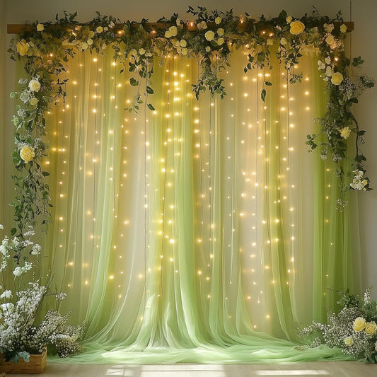 Sage Green Tulle Backdrop Curtain with Lights String - 10x8ft Sheer Backdrop with 250 LEDs for Wedding, Baby Shower, Bridal Shower, Birthday Party Photo Shoot Background and Home Decorations