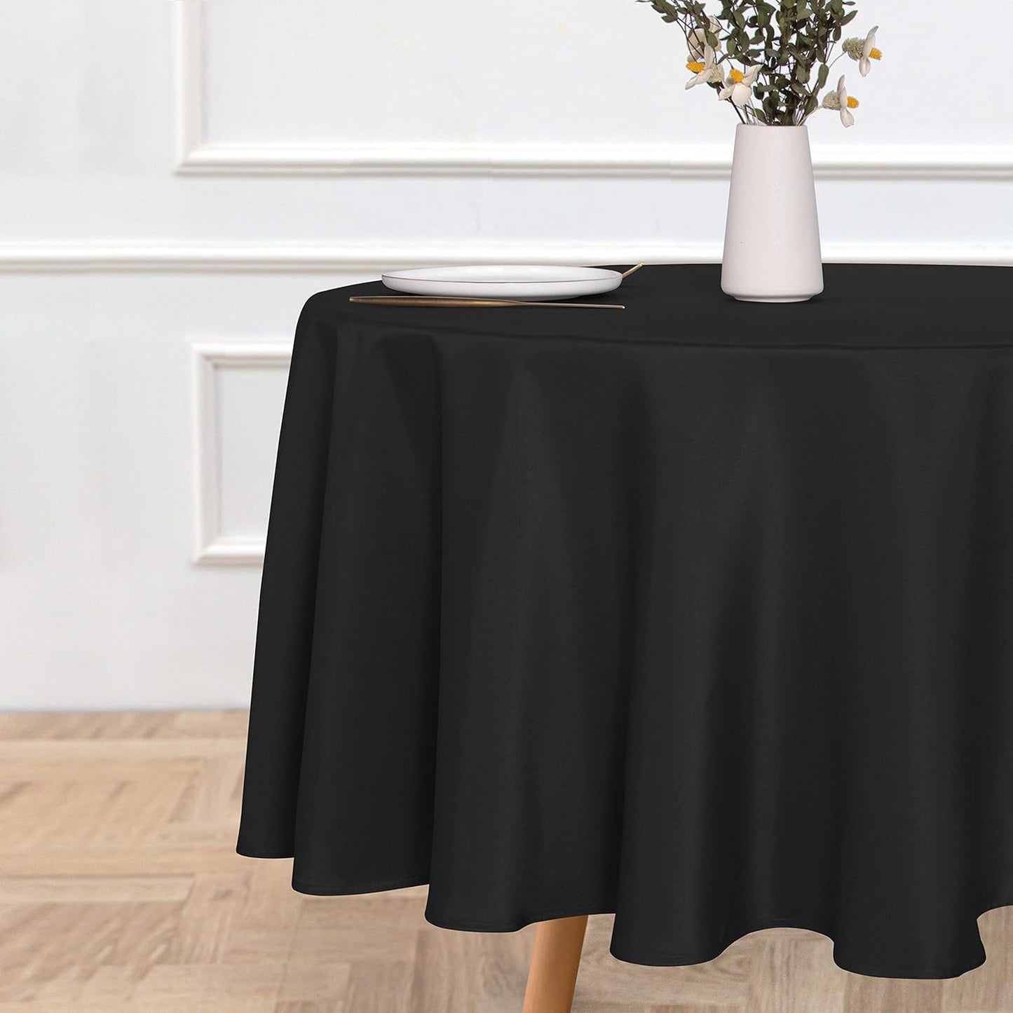 sancua Round Tablecloth - 90 Inch - Water Resistant Spill Proof Washable Polyester Table Cloth Decorative Fabric Table Cover for Dining Tables, Buffet Parties and Camping, Black