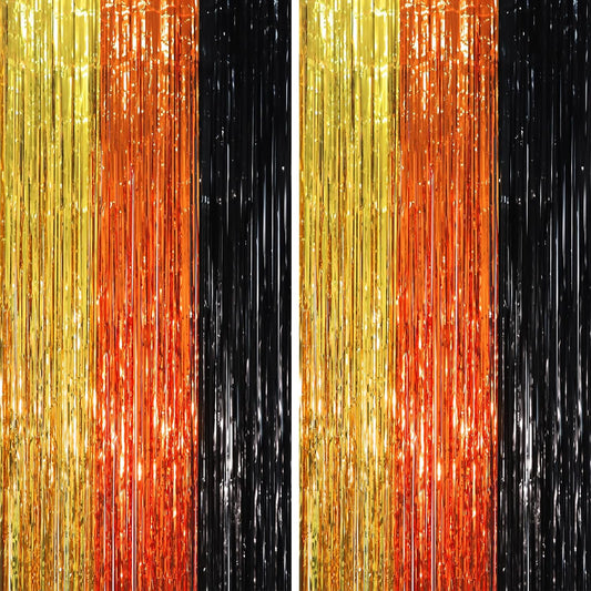 2 Pack Black Gold Orange Foil Fringe Backdrop Curtains, Tinsel Streamers Party Decorations, Fringe Backdrop, Door Shimmer for Construction or Birthday Party