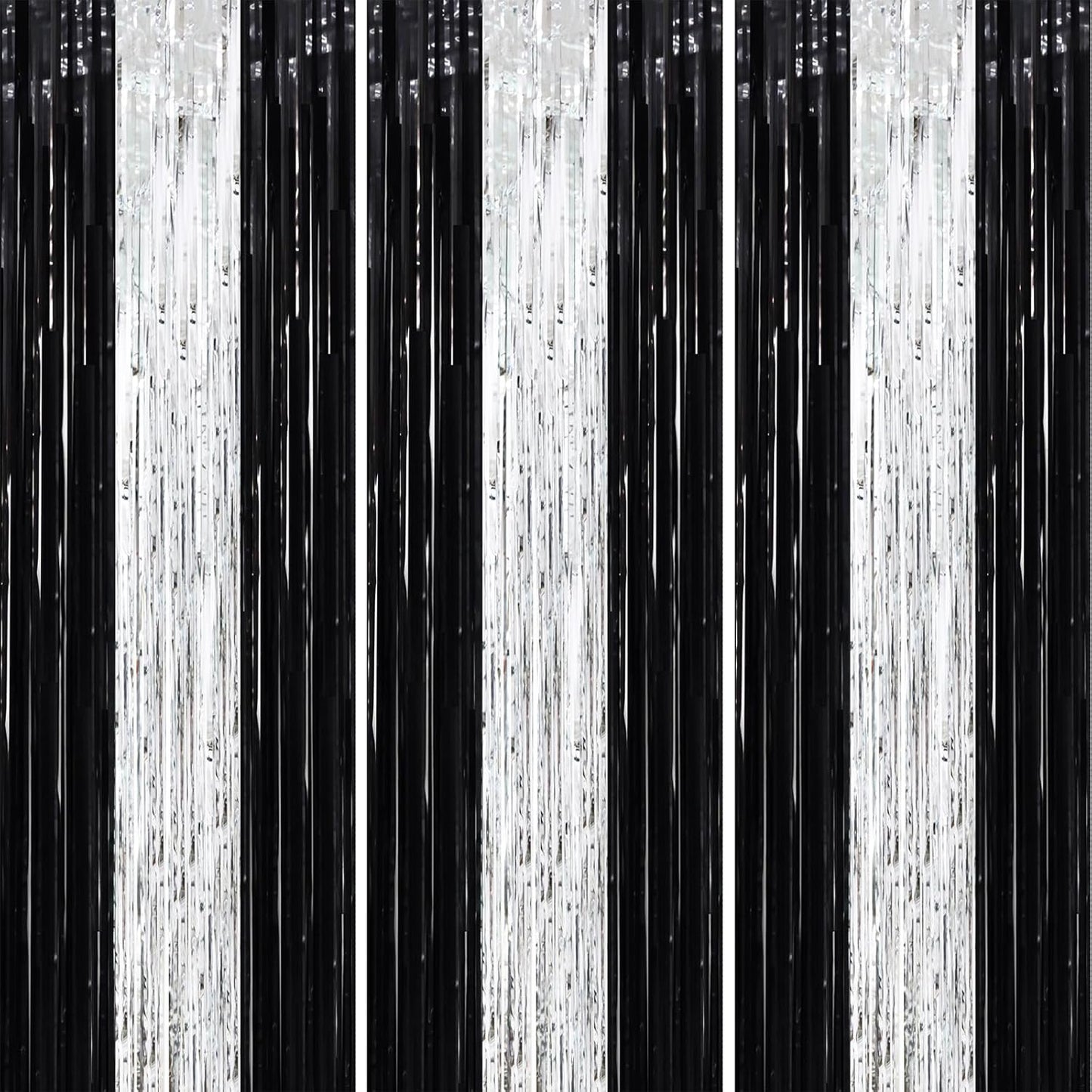 3 Pack 3.3 x 8.2 ft Black and Silver Foil Fringe Backdrop Curtains, Tinsel Streamers Party Decorations, Fringe Backdrop