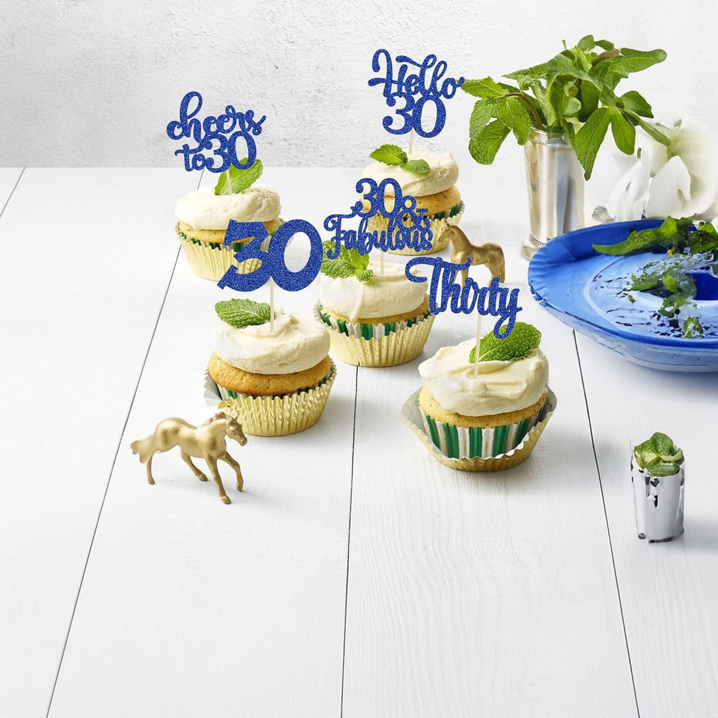 30Pcs Happy 30th Birthday Cupcake Toppers Deep Blue Glitter Thirty Cheers to 30 Birthday Cupcake Picks for Happy 30th Birthday Anniversary Party Cake Decorations Supplies