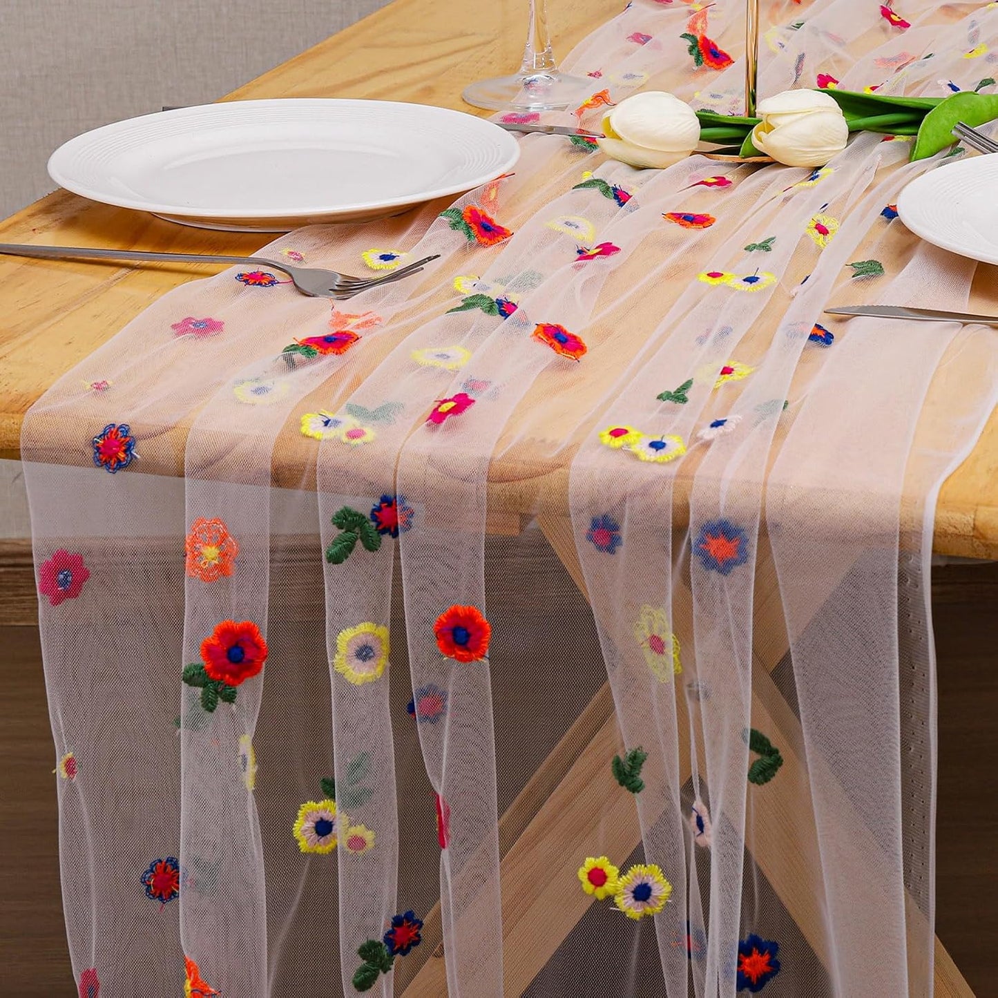 BINBE 3pcs Ivory Daisy Fall Table Runner Embroidery Gauze 10FT Florals Seasonal Tulle Holiday Birthday Kitchen Dining Table Decor for Home Party