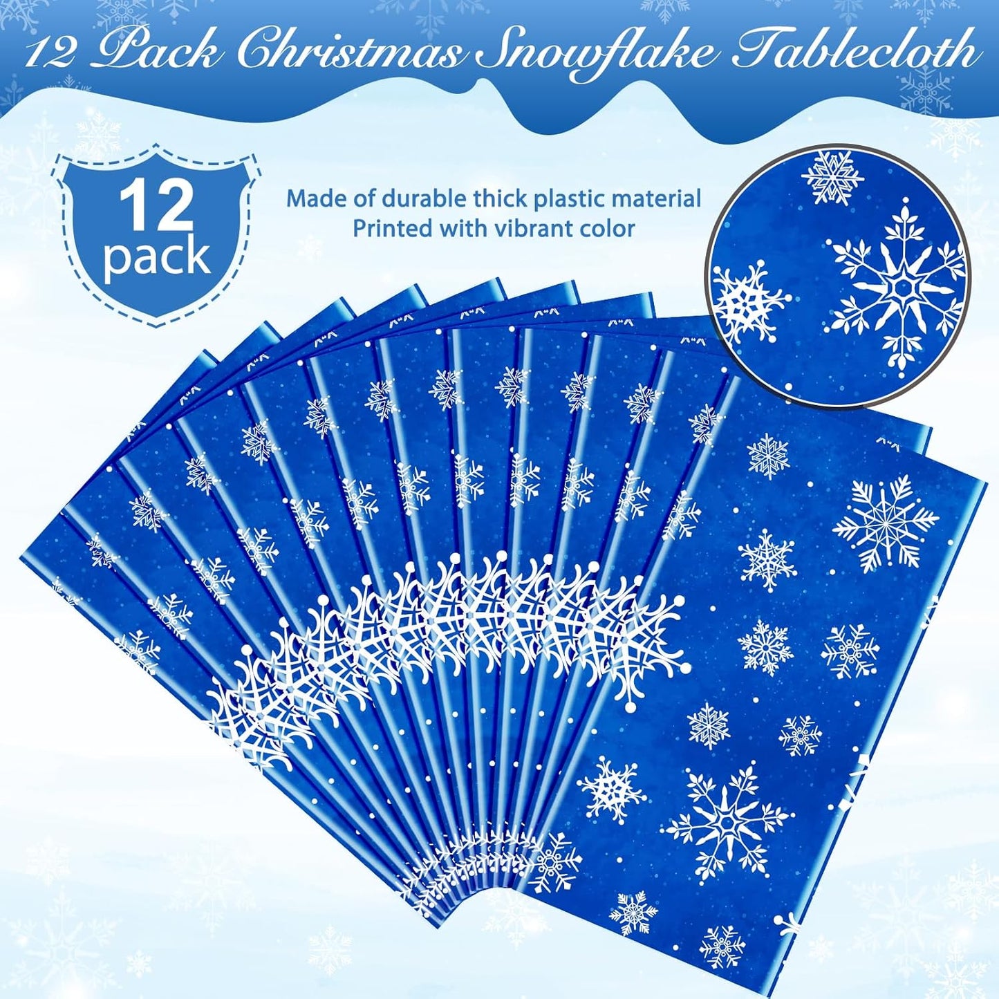 Jectivs 12 Pieces Christmas Snowflake Plastic Party Tablecloth Decorations,White Snowflake Blue Xmas Backdrop Sign Table Cover Banner for Winter Christmas Holiday Party Supplies,54x108 inch (Blue)