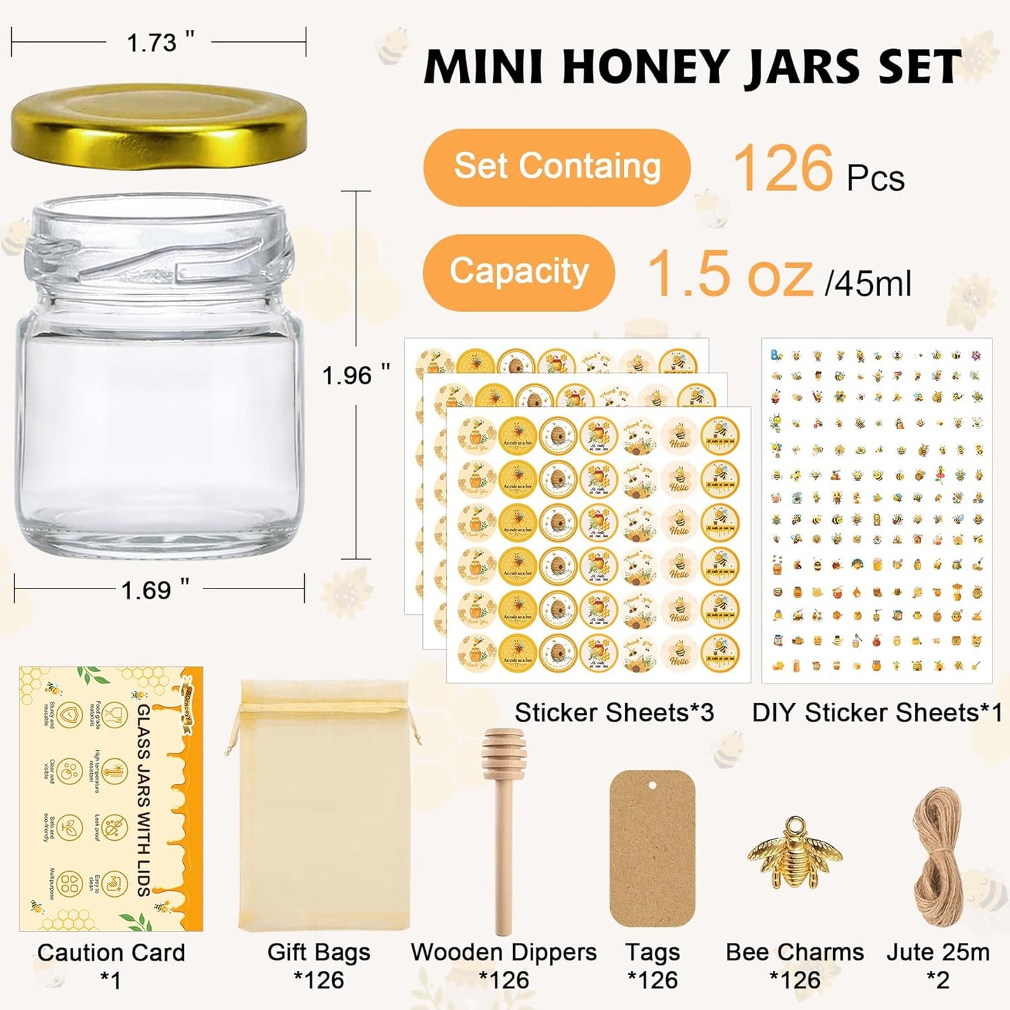 126 Pcs 1.5 oz Mini Round Glass Honey Jars with Dippers, Gold Lids, Bee Stickers, Bee Charms, Gift Bags & Jute– Empty Small Honey Jars for Party Favors Bulk, Ideal for Baby Showers ＆ Weddings