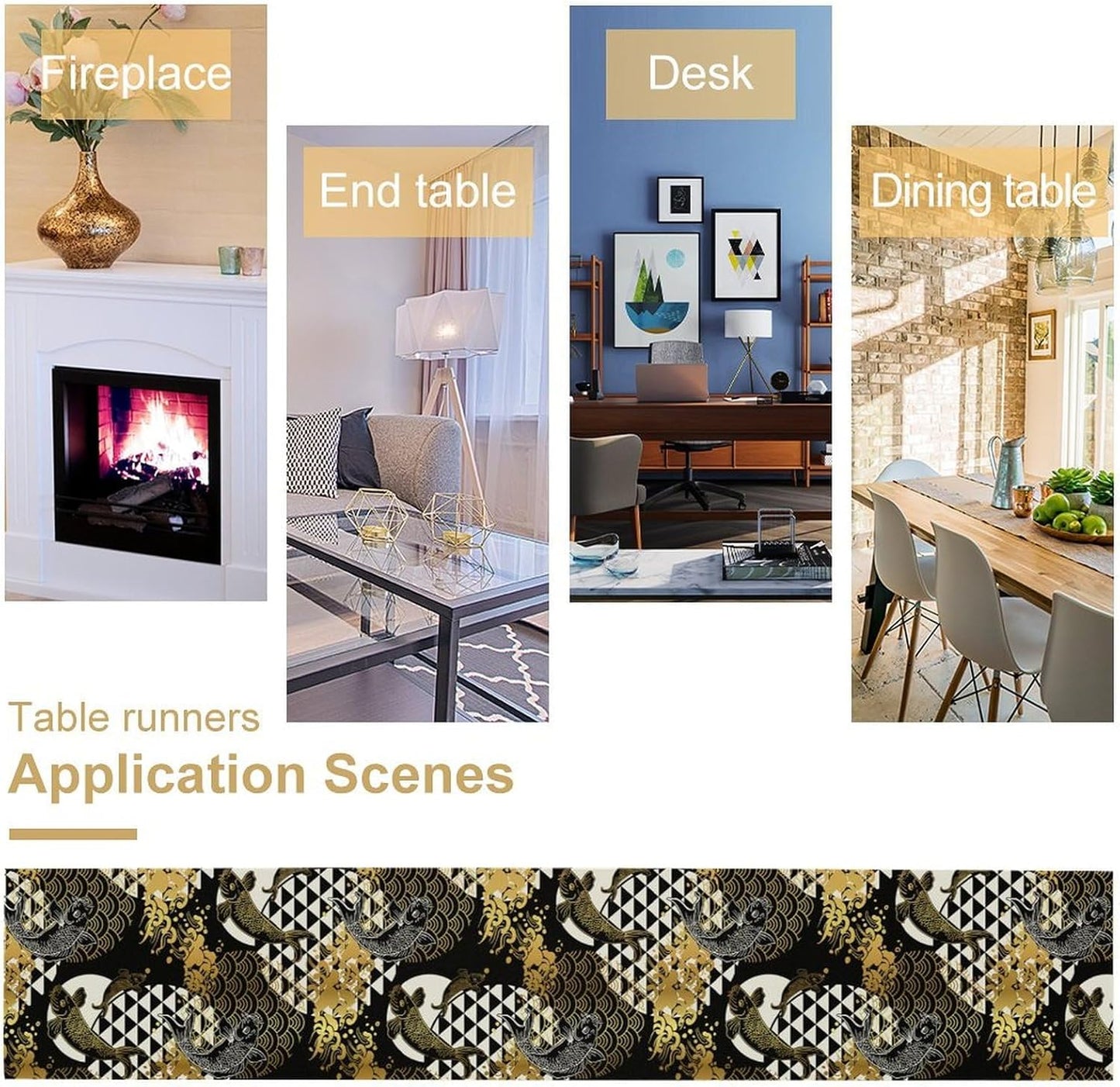 Japanese Table Runner Oriental Tradition Kio Fish Gold Art Printed Burlap Runner Home Kitchen Dining Table Living Room Decor Fabric 1 Panel W13xL108in