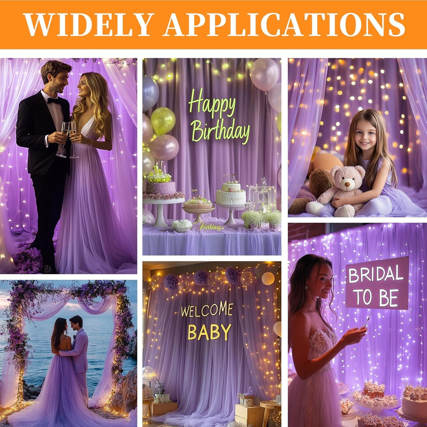 10x10ft Lavender Tulle Backdrop Curtain with Fairy Lights, Wrinkle-Free Sheer Wedding Backdrop for Birthday Parties, Baby Showers, Bridal Showers, Photo Shoots and Home Decorations, Lavender